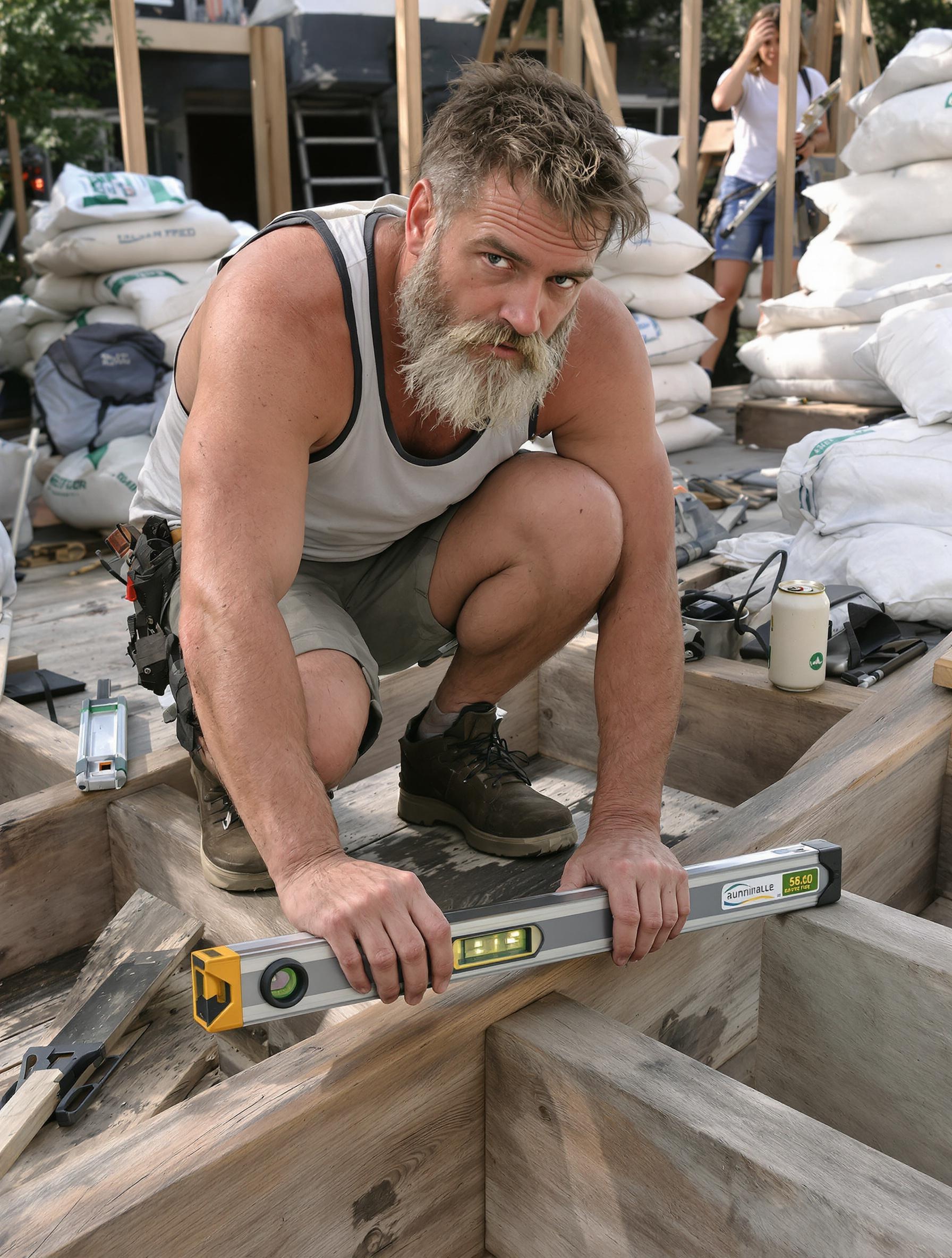 Bricoleur vérifiant la pente d'une terrasse bois avec niveau à bulle cabossé sur chantier DIY.