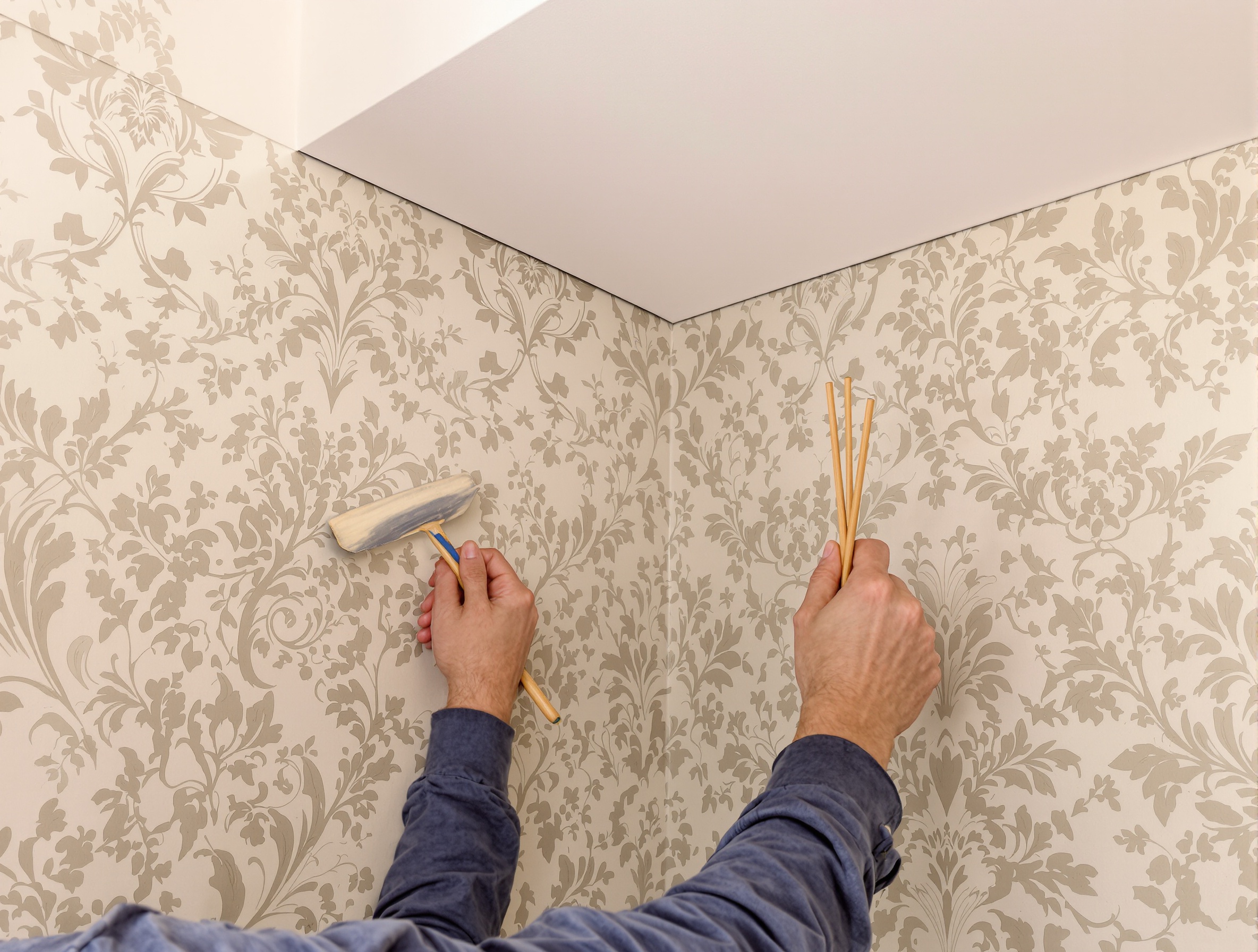 Pose d'un raccord complexe dans un angle d'escalier avec des outils adaptés.