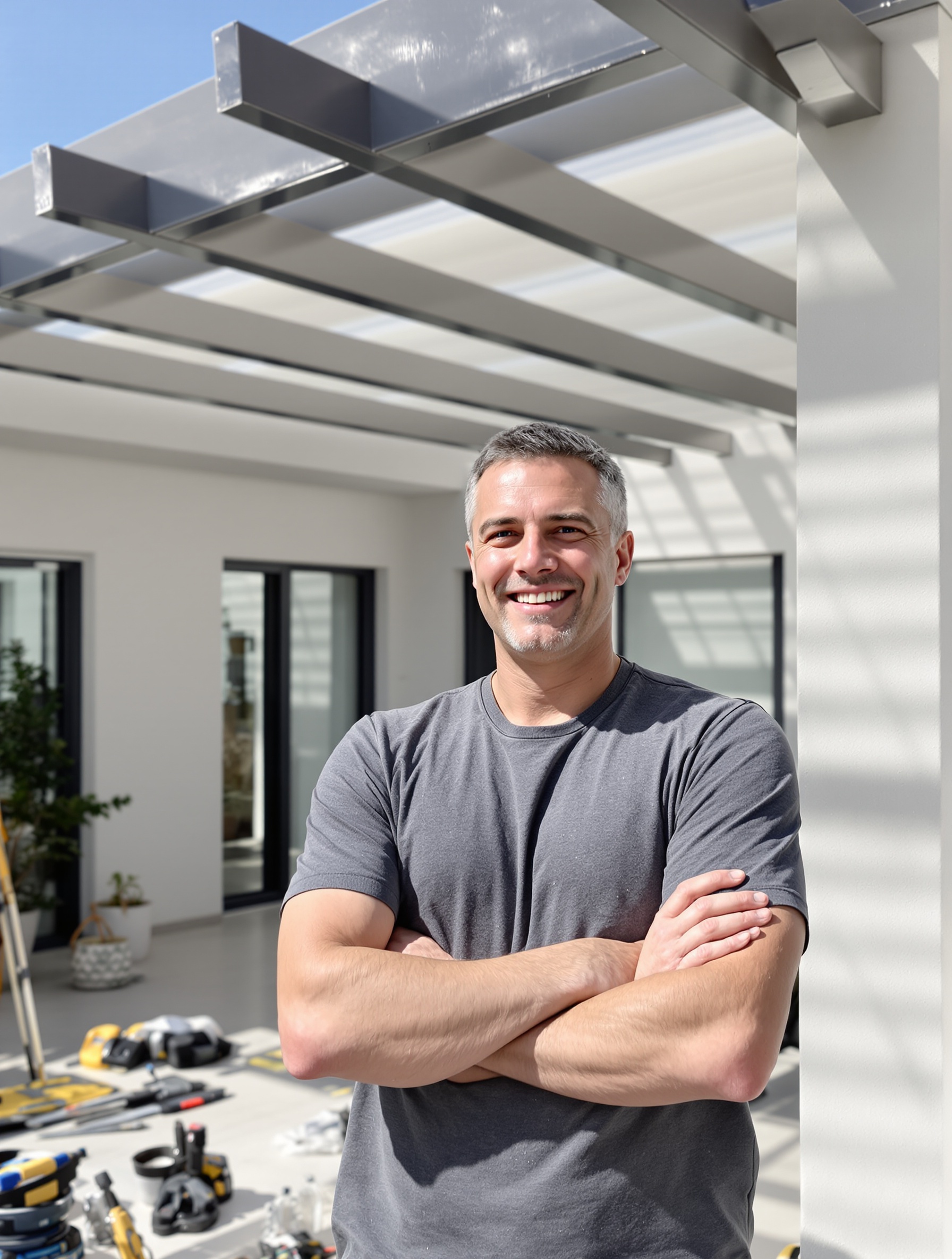 Bricoleur satisfait devant sa pergola bioclimatique installée