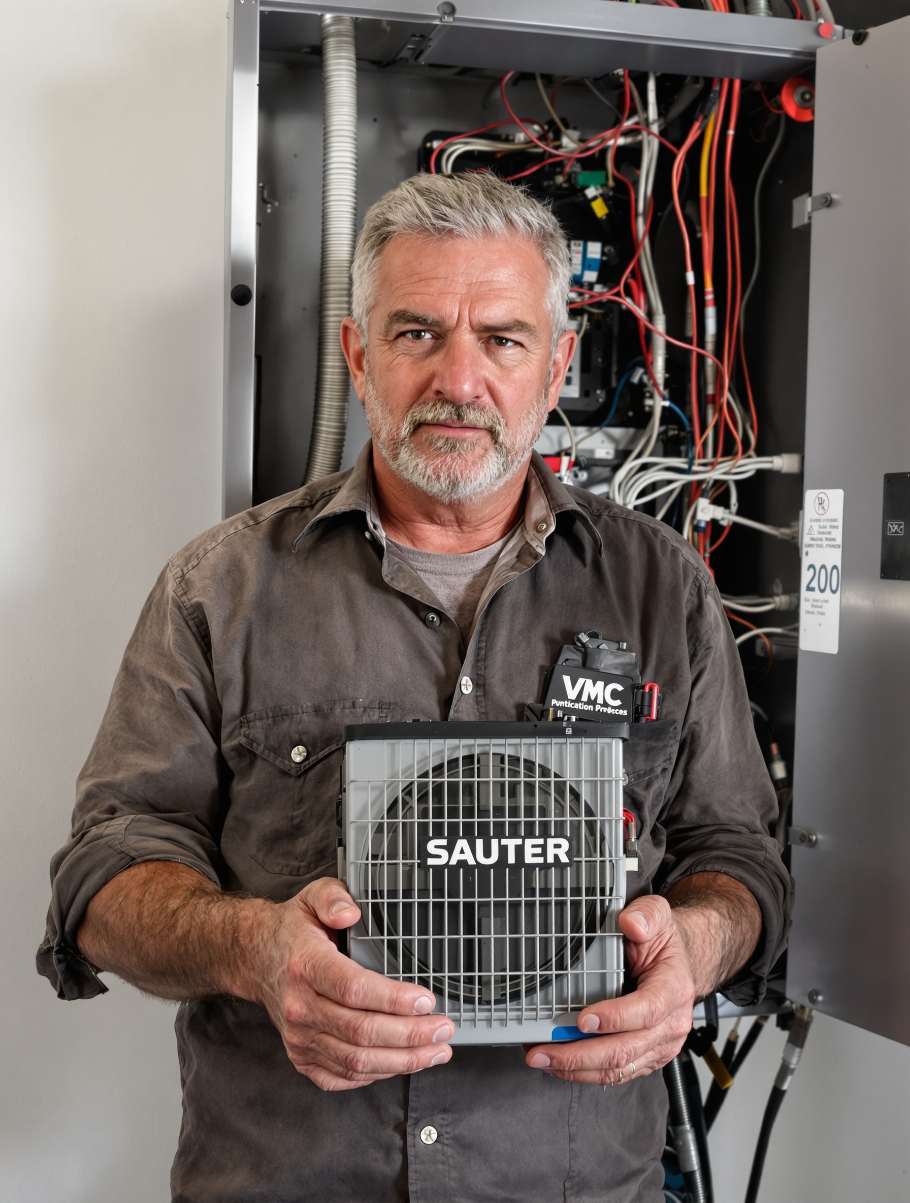 bricoleur devant un tableau électrique, VMC SAUTER en main, air complice et critique