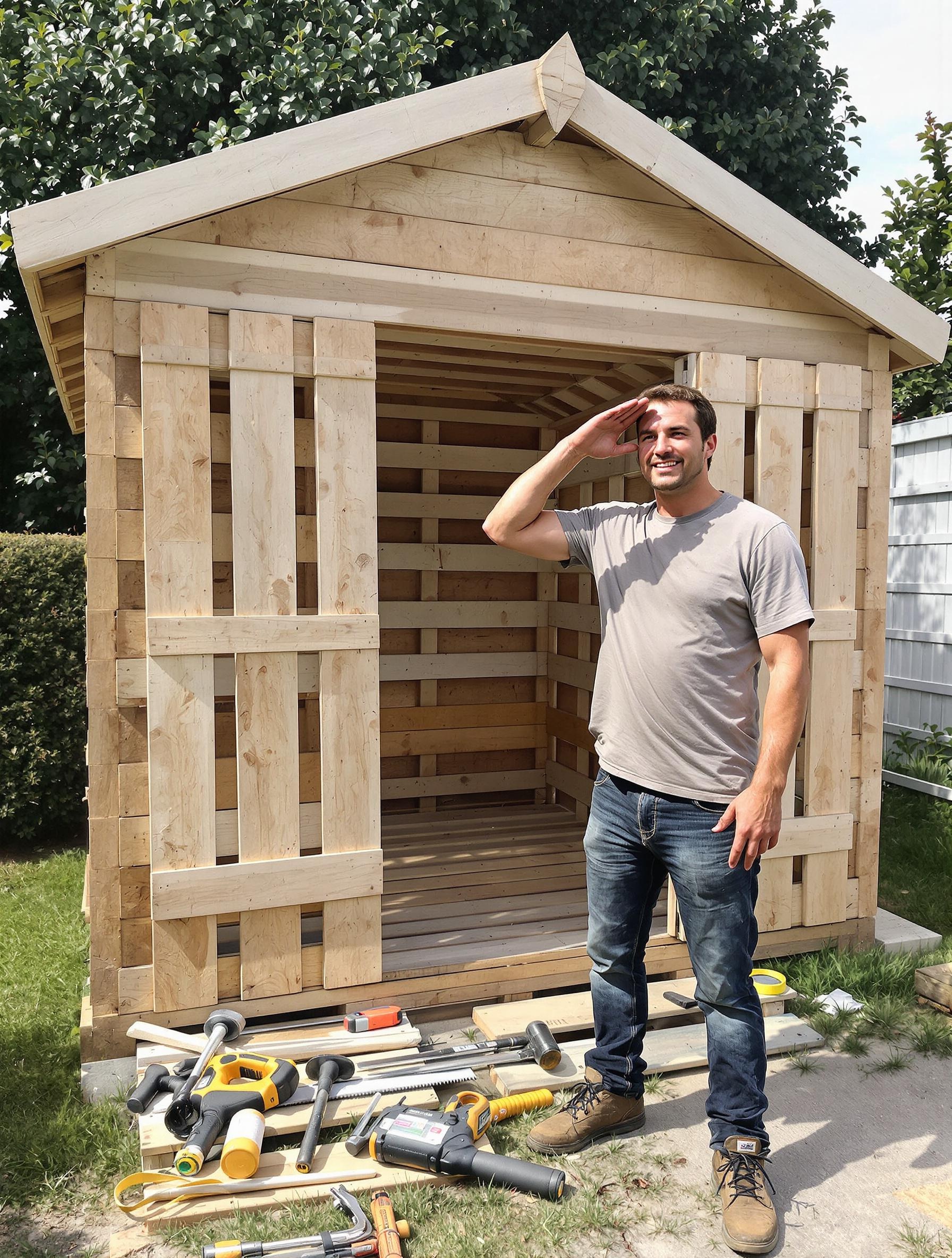 Cabane en palettes terminée avec un bricoleur fier.