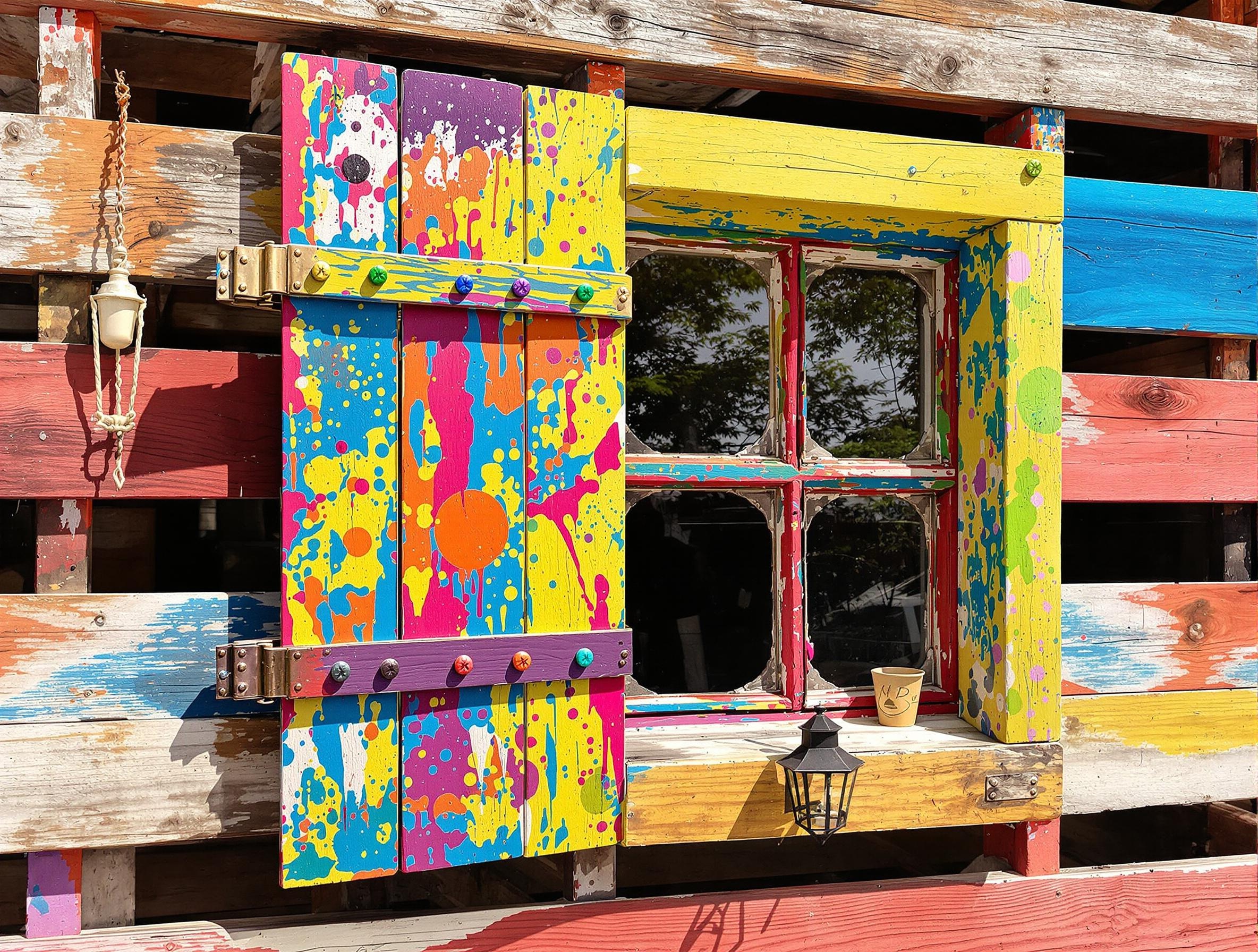Cabane en palettes avec porte récupérée et décoration colorée.