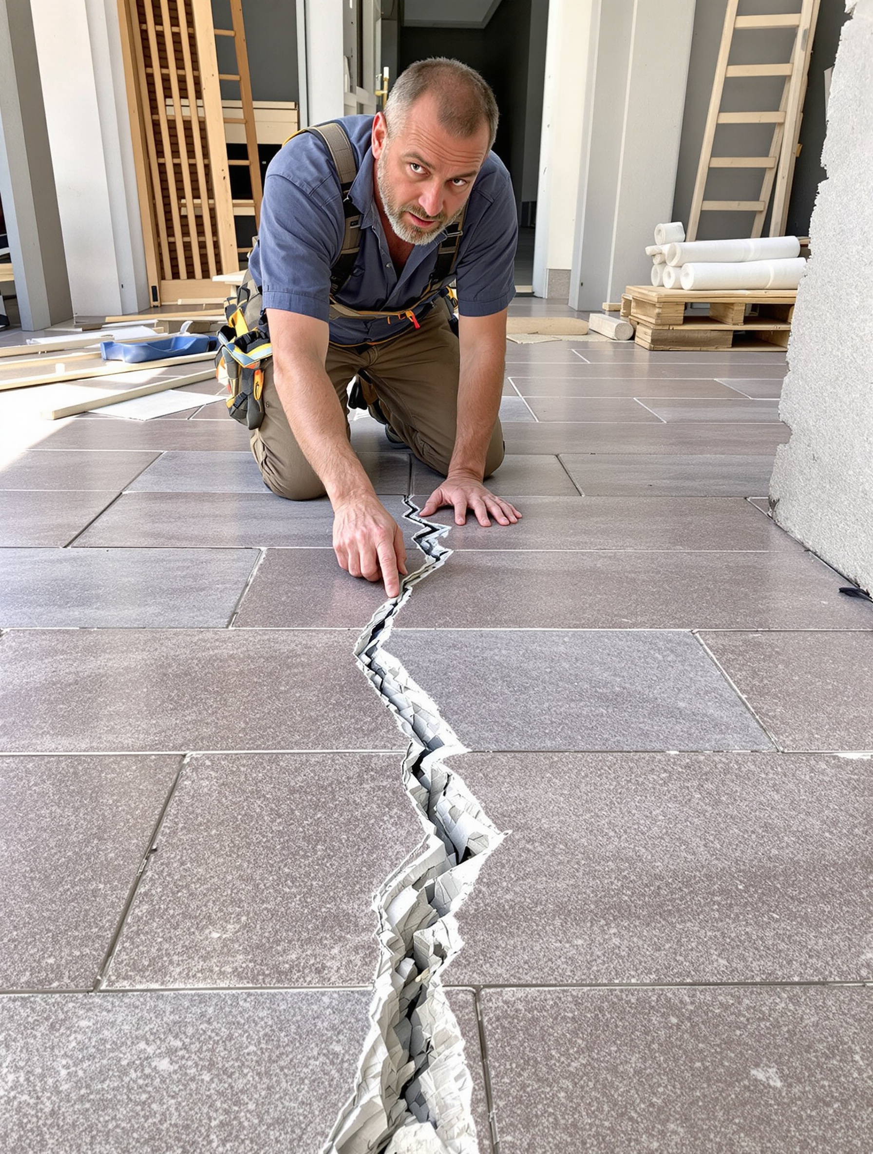 Carrelage extérieur fissuré par erreur sur joint de dilatation, maçon dépité.
