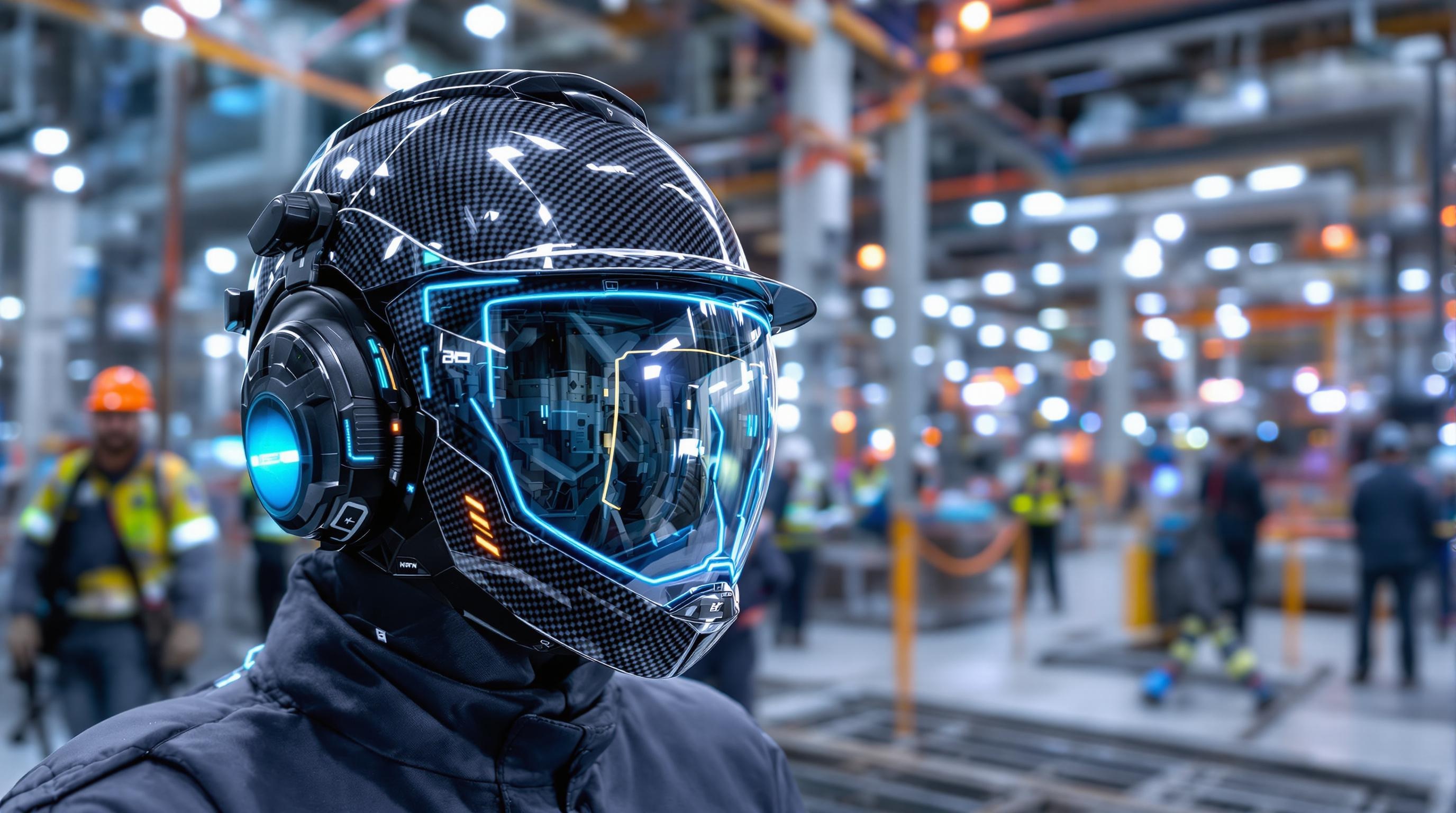 Casque en carbone connecté pour chantier futuriste avec ouvriers et EPI techniques