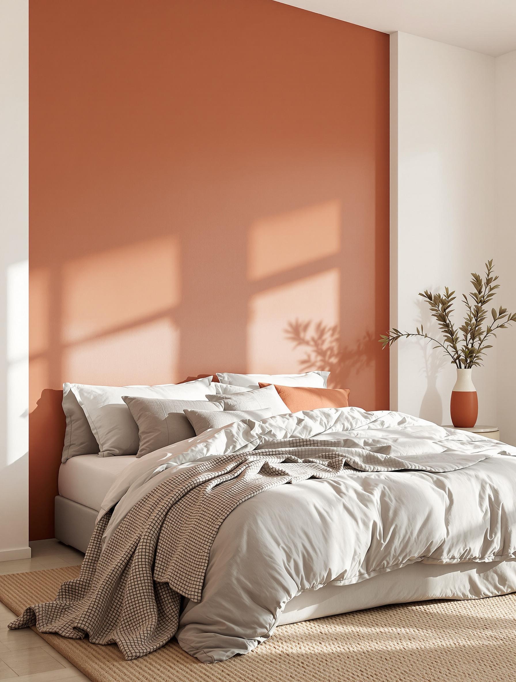 Mur d'accent terracotta satiné derrière une tête de lit moderne.