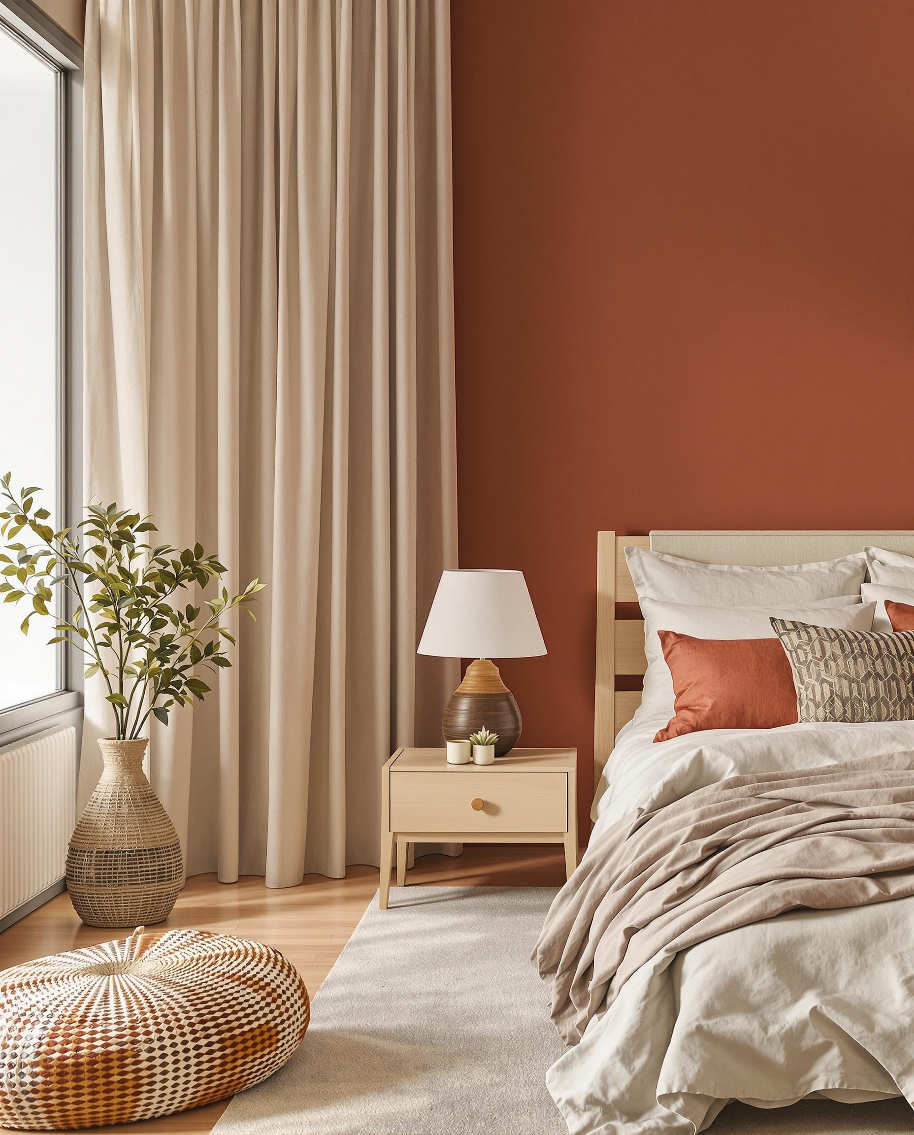 Chambre adulte tendance 2025 avec mur terracotta, textiles en lin beige clair, mobilier en bois clair et lumière naturelle.