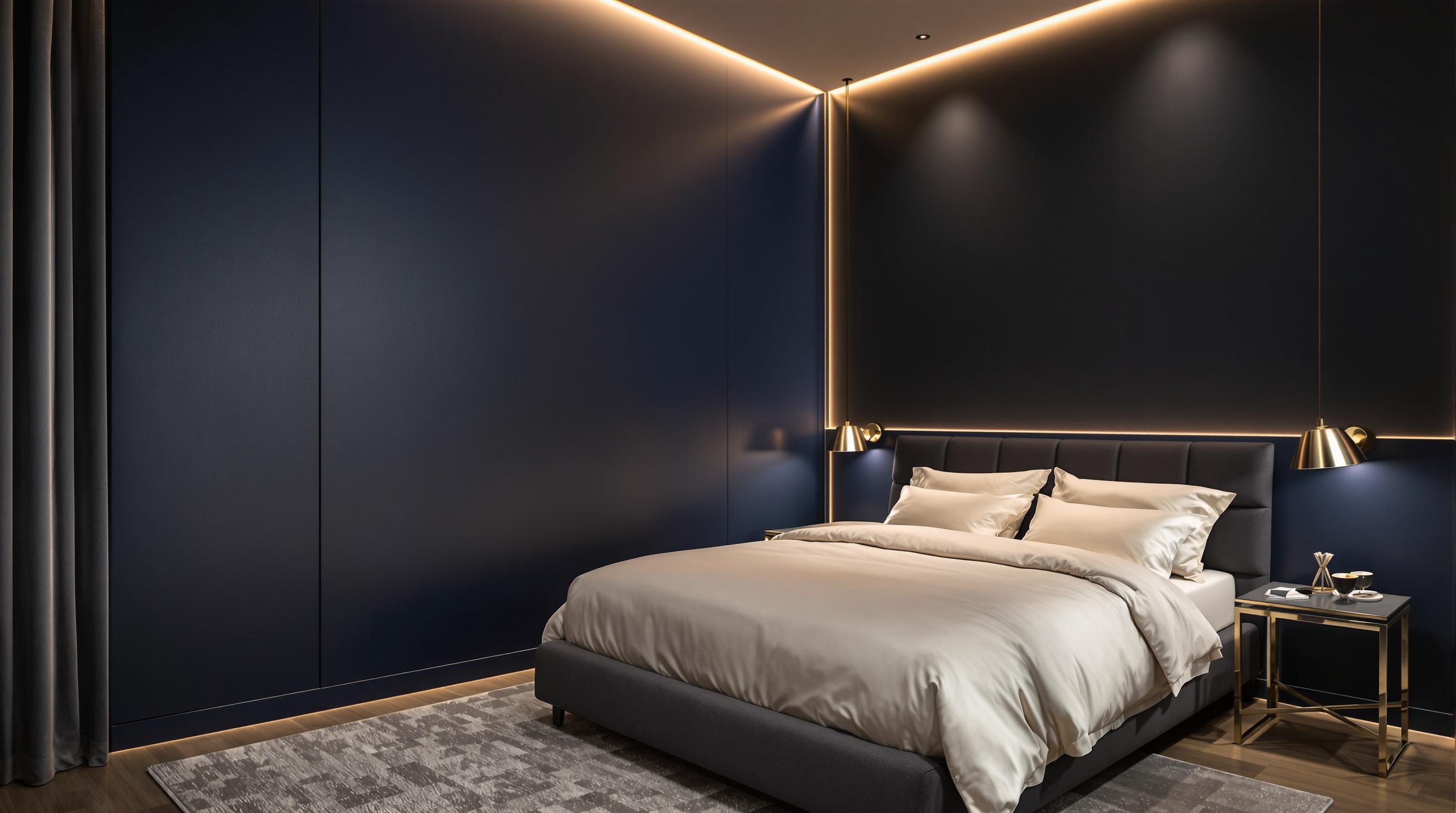 Chambre contemporaine avec mur noir graphite mat, bleu nuit, éclairage LED chaud et linge de lit blanc cassé.