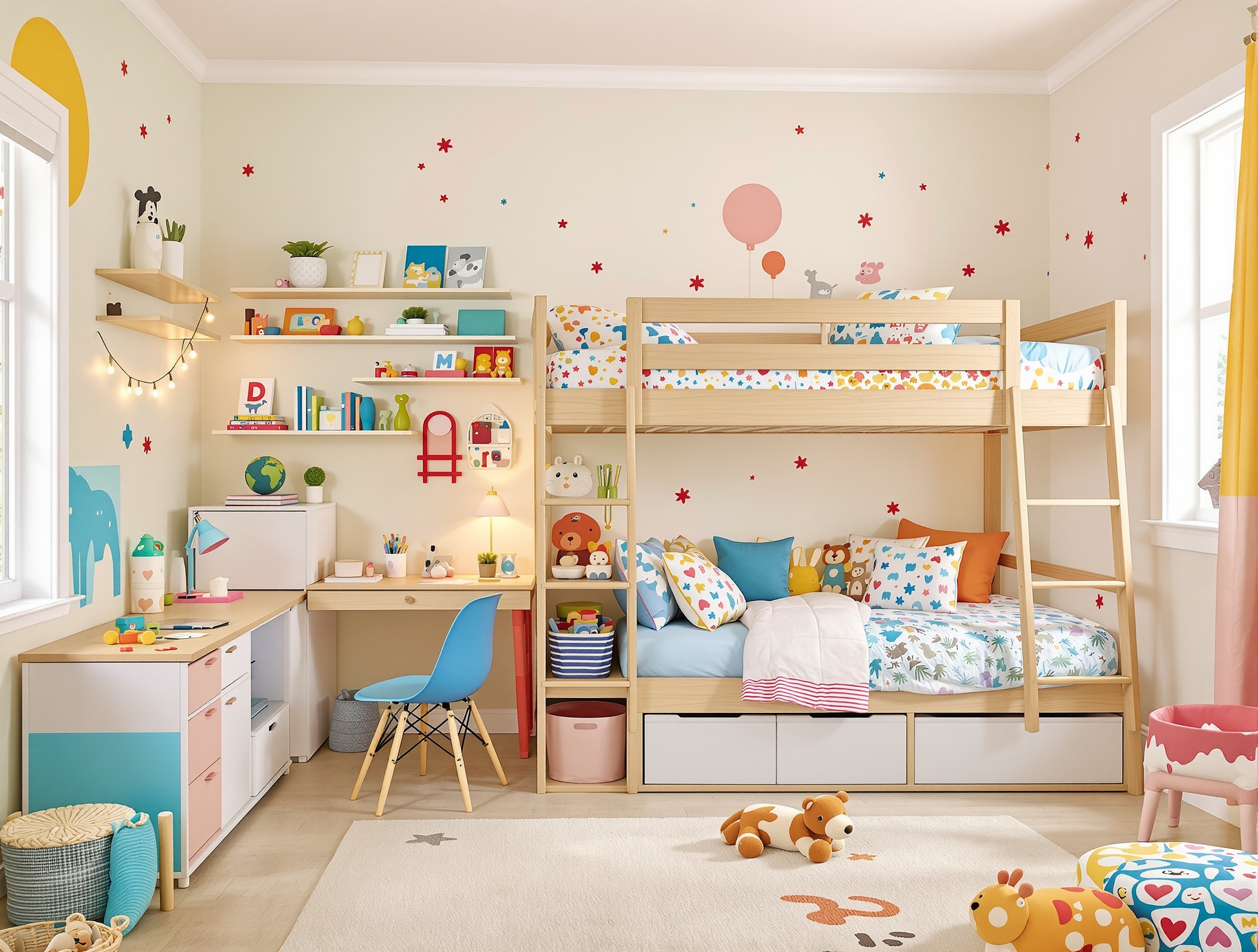 Chambre d'enfants avec lits superposés pour optimiser l'espace