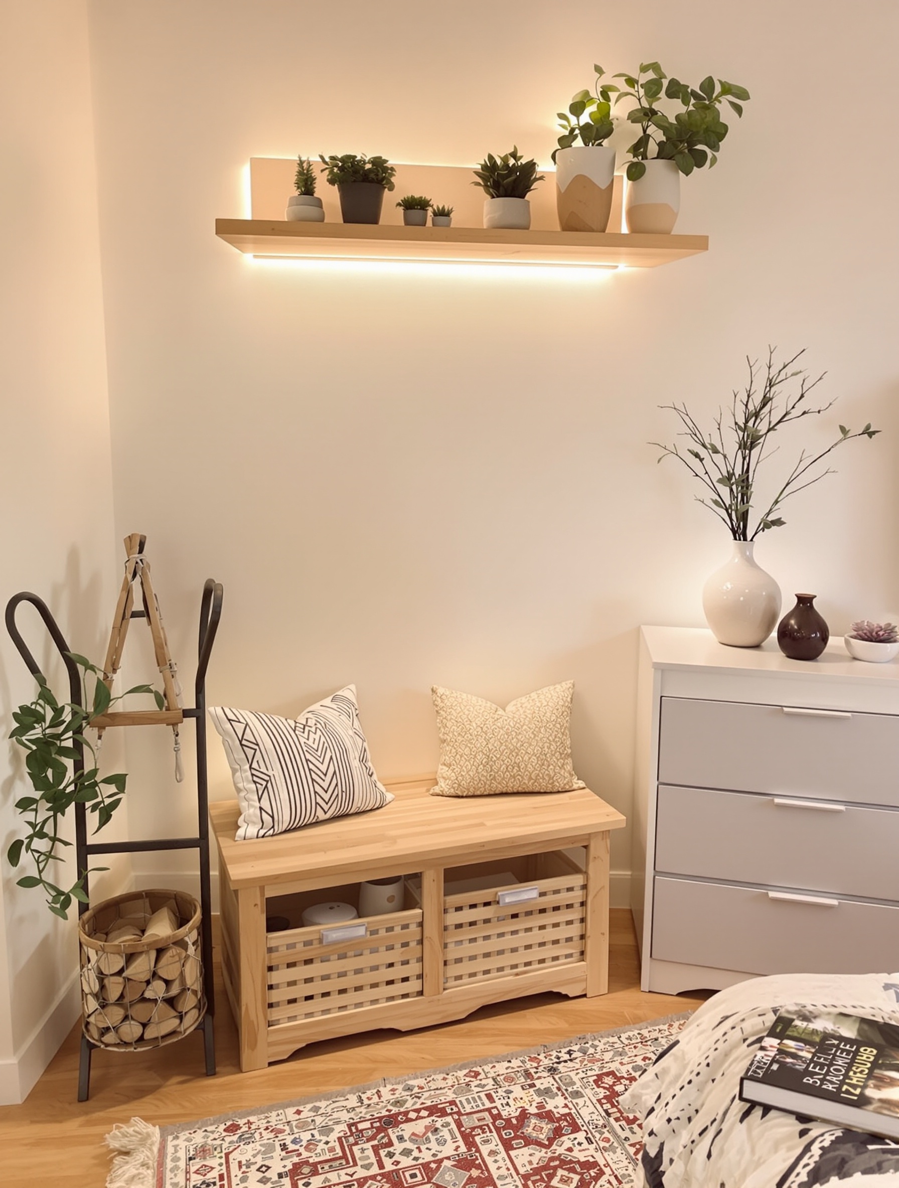 Coin chambre moderne avec étagère murale DIY, banc brut et range-bûches design