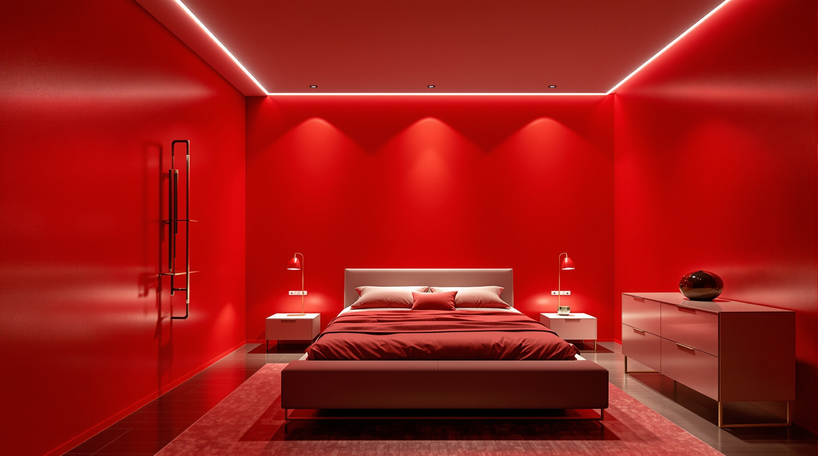 Chambre moderne peinte en rouge vif, ambiance stressante