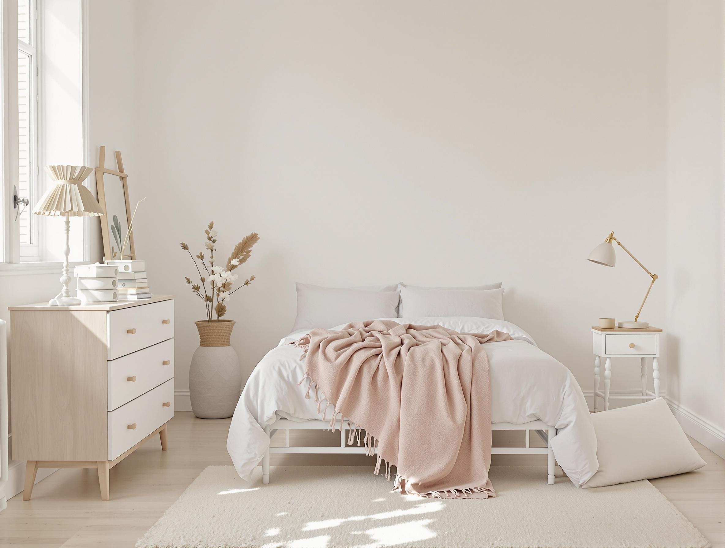 Chambre scandinave avec murs blanc cassé, plaid rose poudré, mobilier en bois clair et tapis en laine écrue.