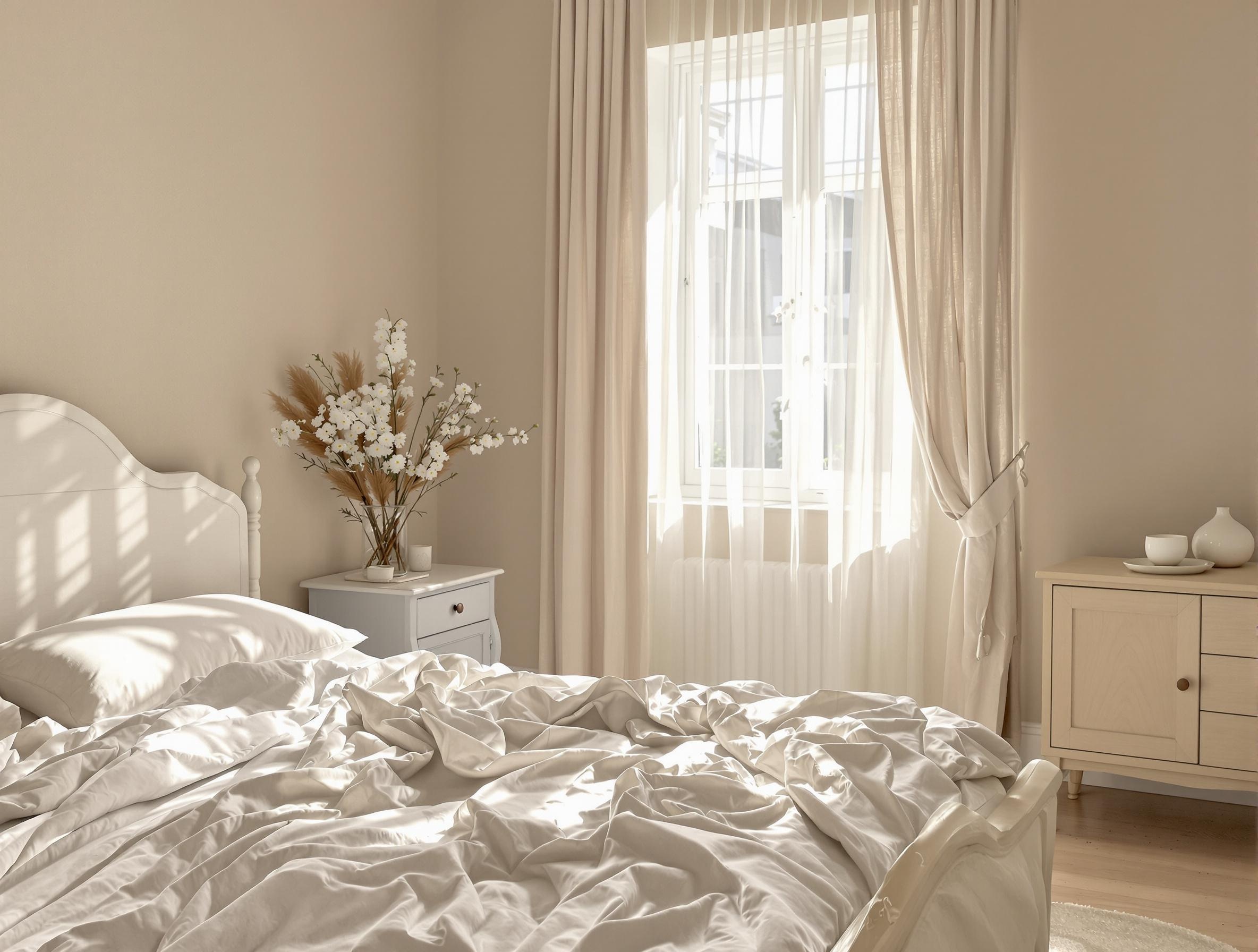Chambre taupe et blanc cassé avec lumière douce du matin, rideaux légers, draps froissés et mobilier en bois clair.