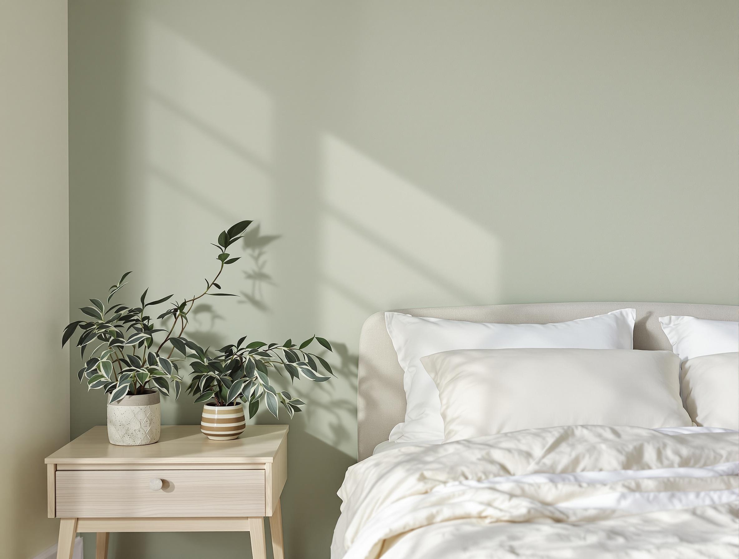 Chambre zen moderne avec murs vert sauge, linge de lit blanc cassé, plante en pot et table de chevet en bois clair.