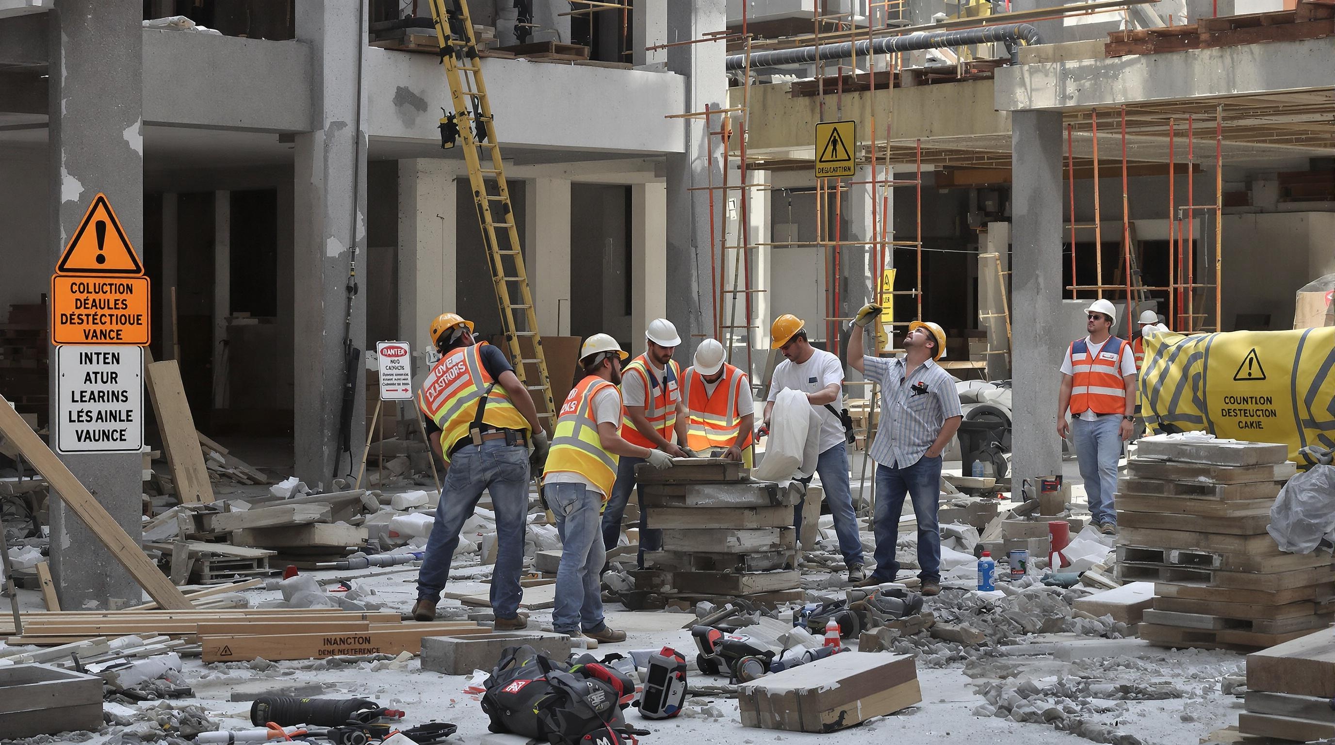 Chantier en panique – ouvriers corrigeant des malfaçons