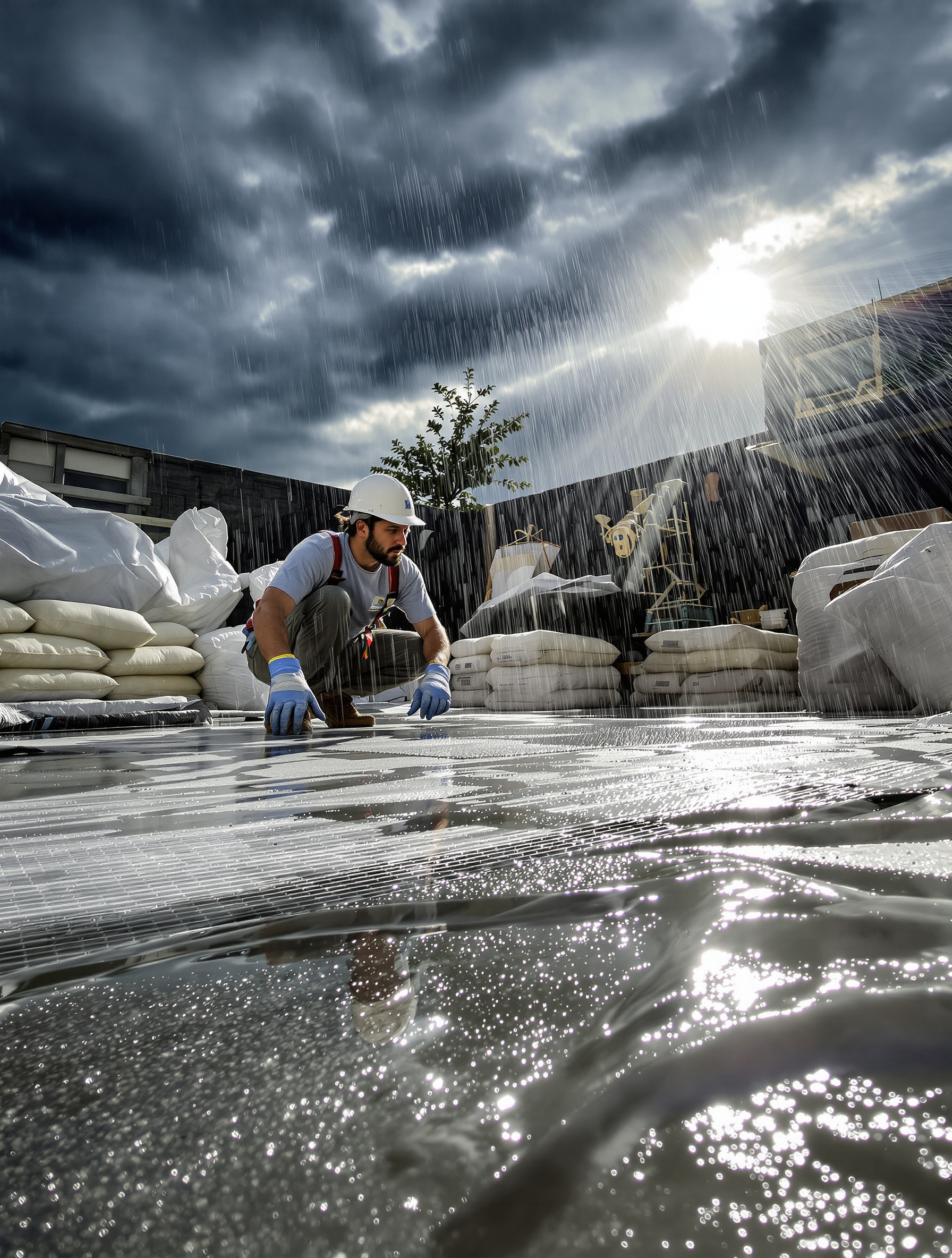 Chantier béton bâché humidification soleil pluie protection