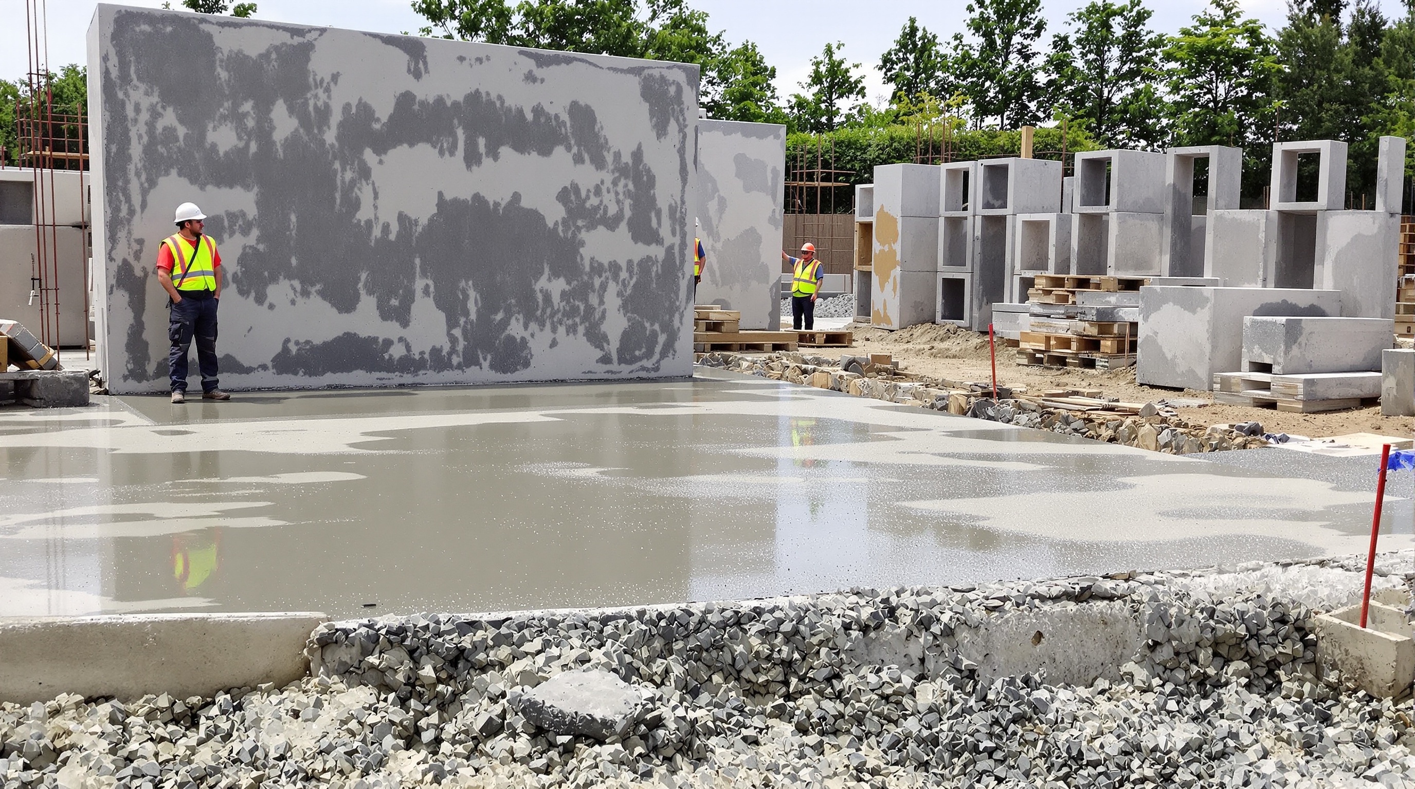 Dalle, chape, mur banché et béton préfabriqué en séchage réel sur chantier