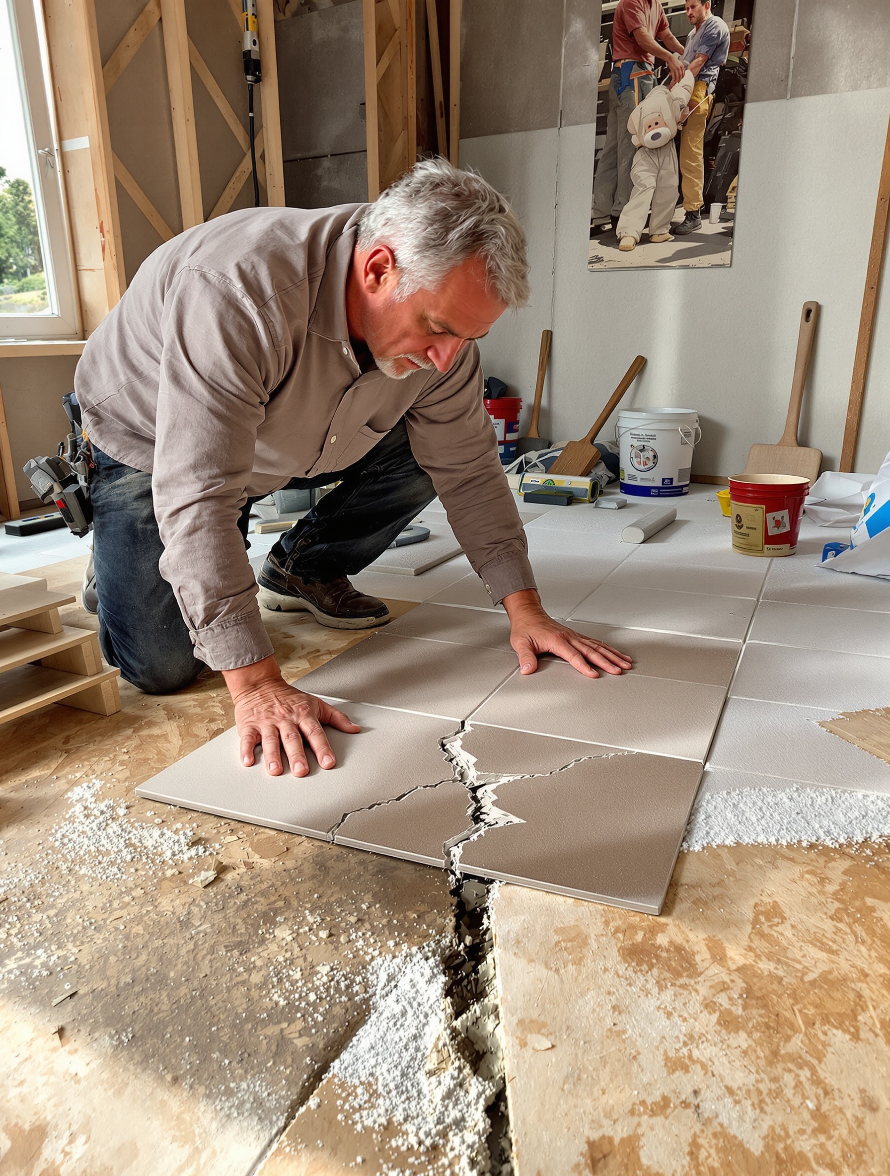 Carrelage fissuré posé sur OSB chantier artisan maçon