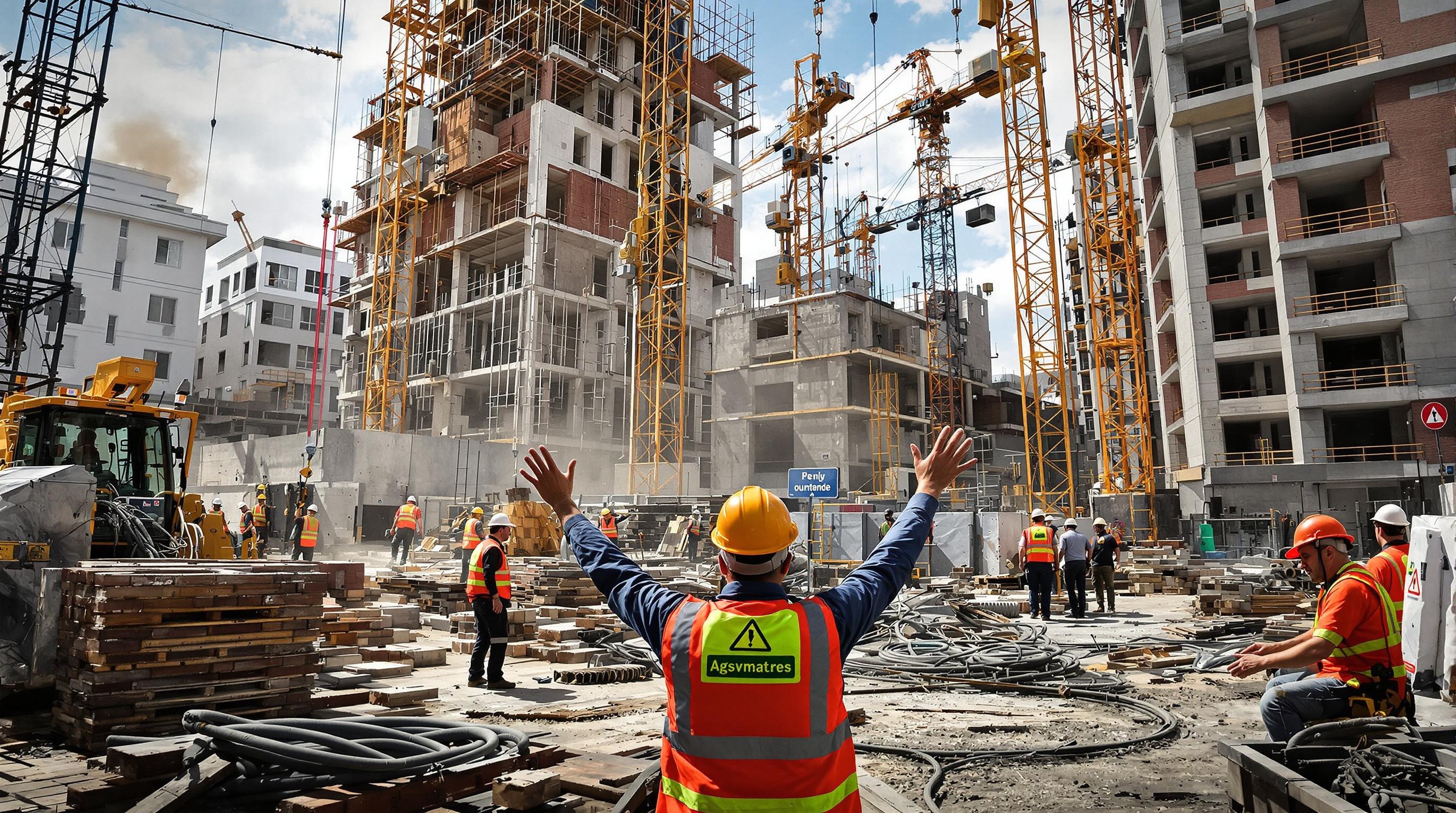 Situation dangereuse de coactivité sur un chantier : grue frôlant maçon, électricien au câble traînant