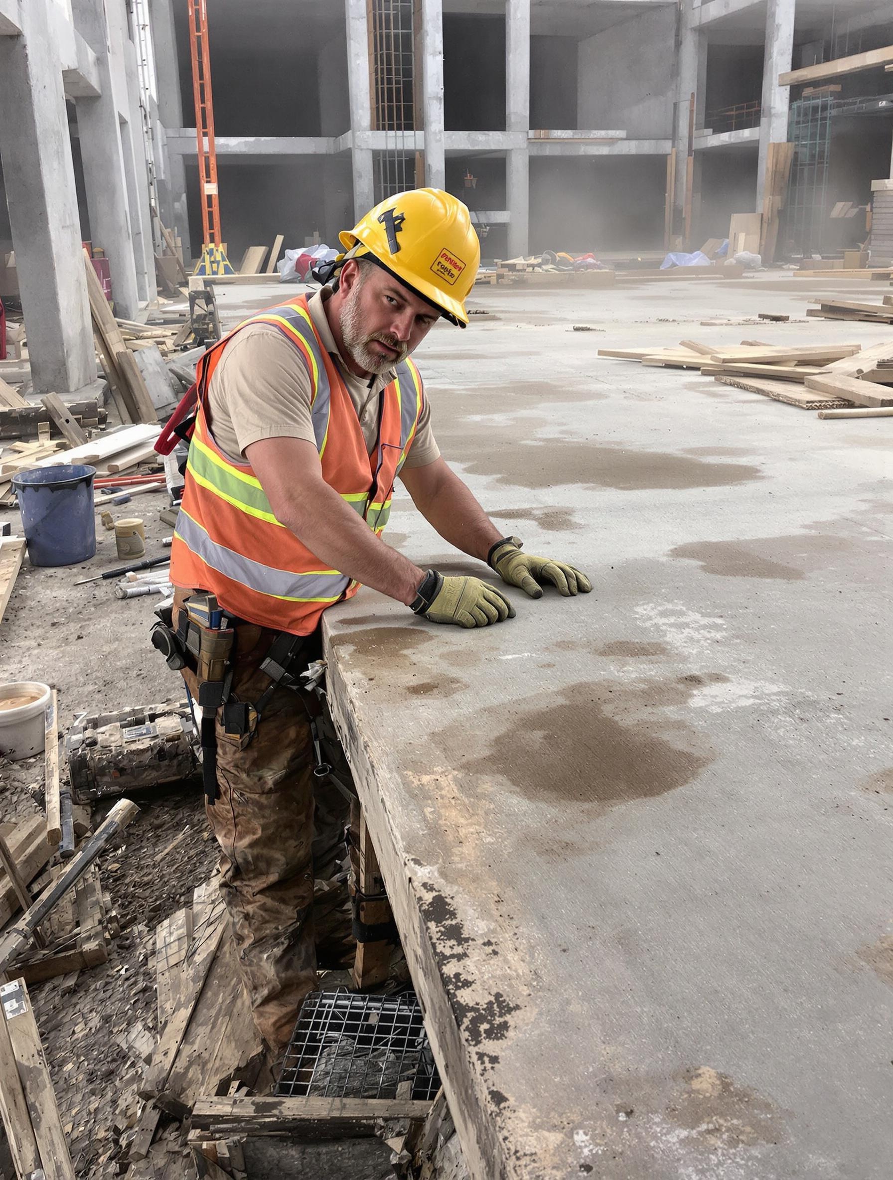 Chantier décoffrage dalle béton avec outils visibles.
