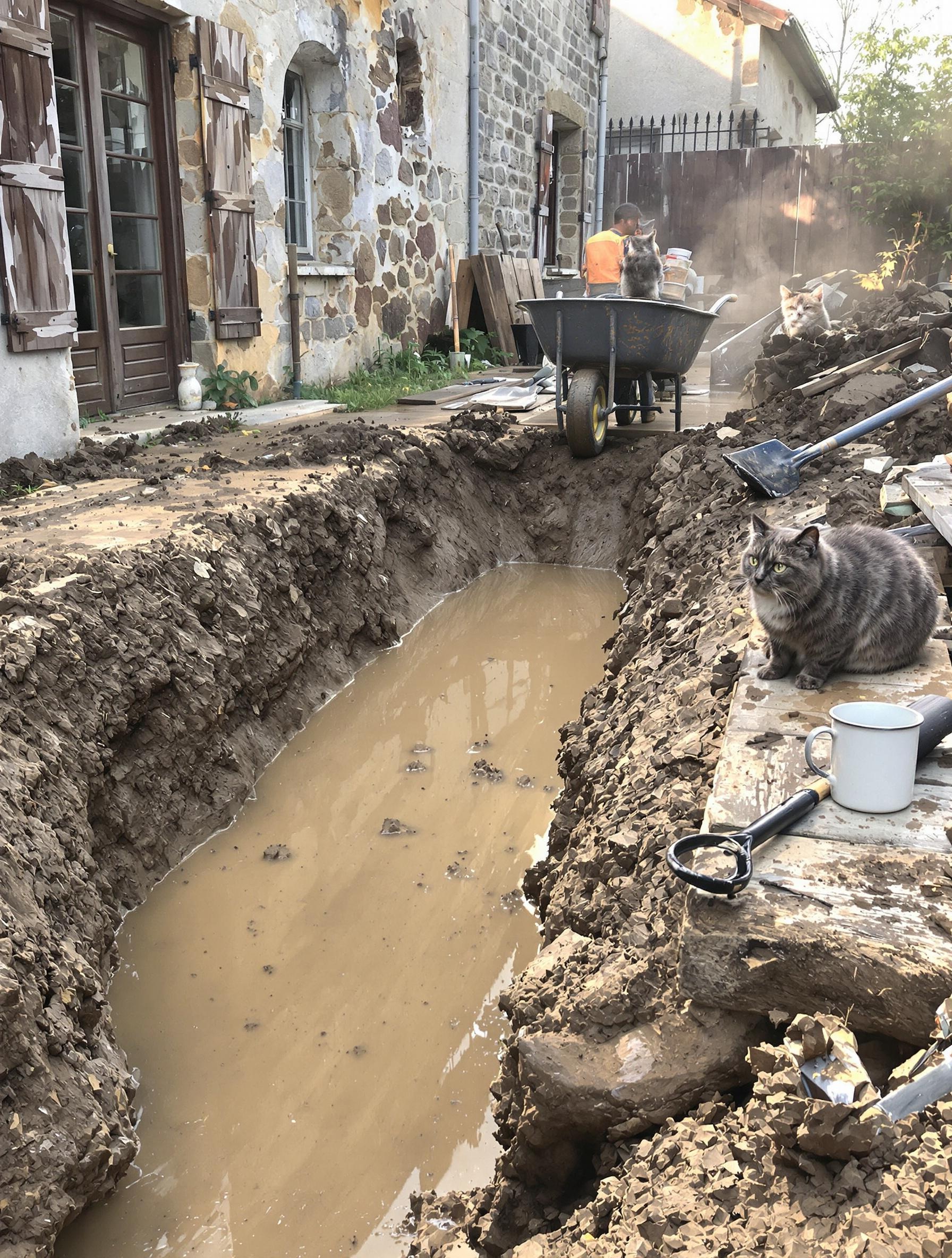 Scène de chantier de drainage autour d'une maison ancienne avec bottes boueuses, chat observateur et café posé sur une planche.