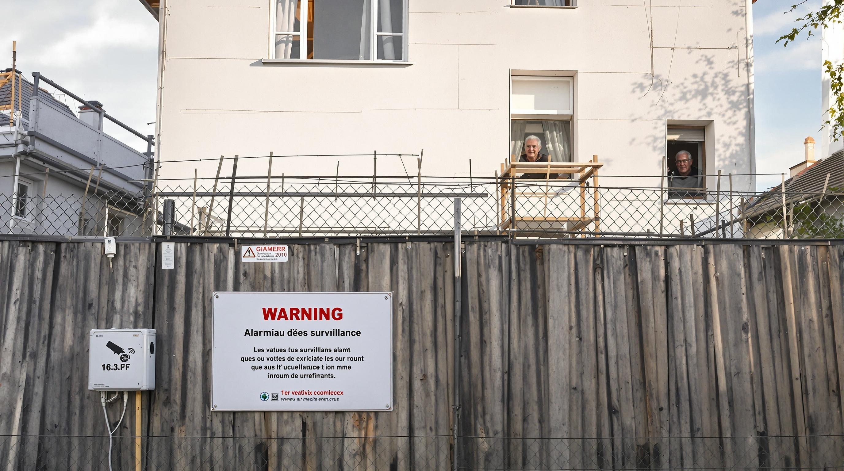Chantier d’une maison inoccupée protégé par une clôture, une alarme et surveillé par un voisin retraité.
