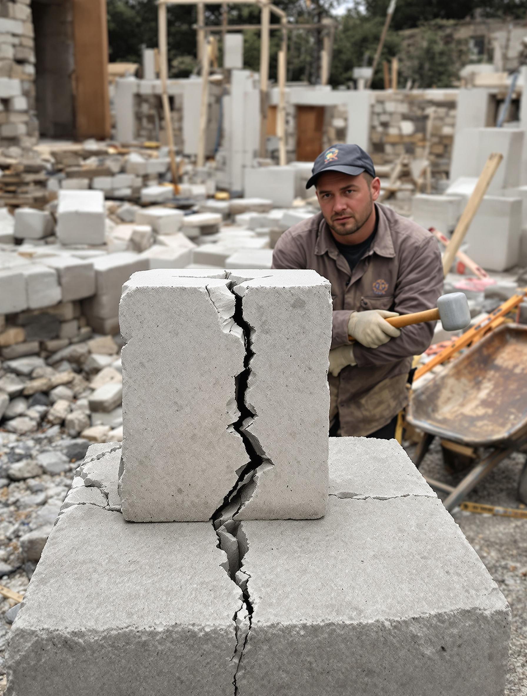 Chantier de pierre de taille avec un bloc fissuré et un artisan dépité