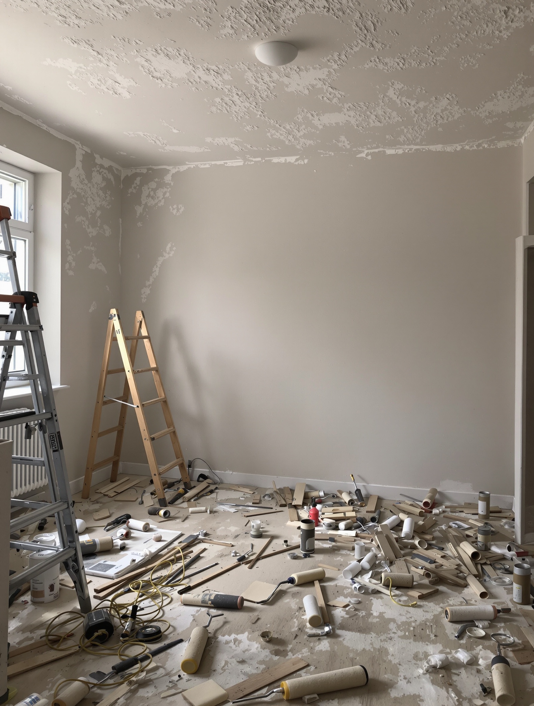 Chantier rénovation plafond 2m40 outils en vrac lumière faiblarde