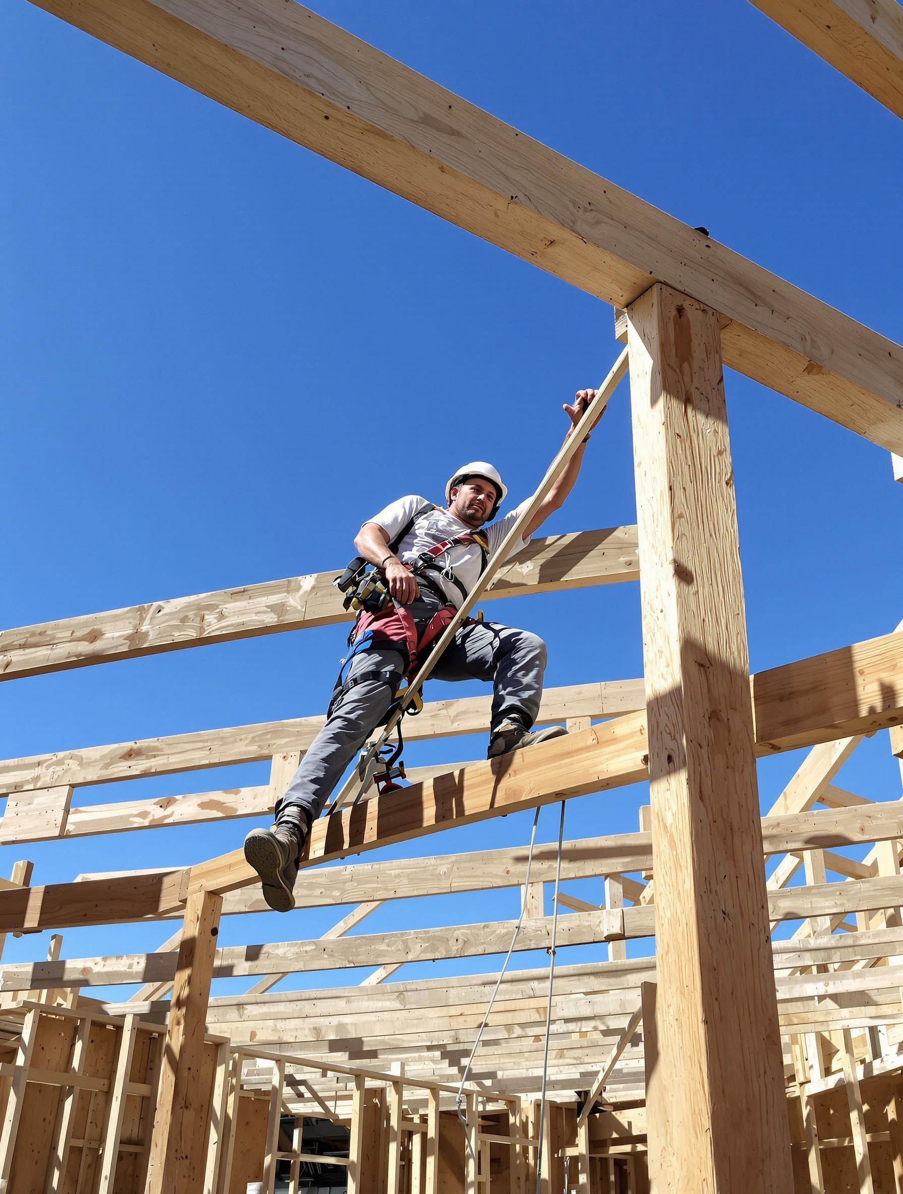 Charpentier travaillant en équilibre précaire sur les murs d'une maison en construction