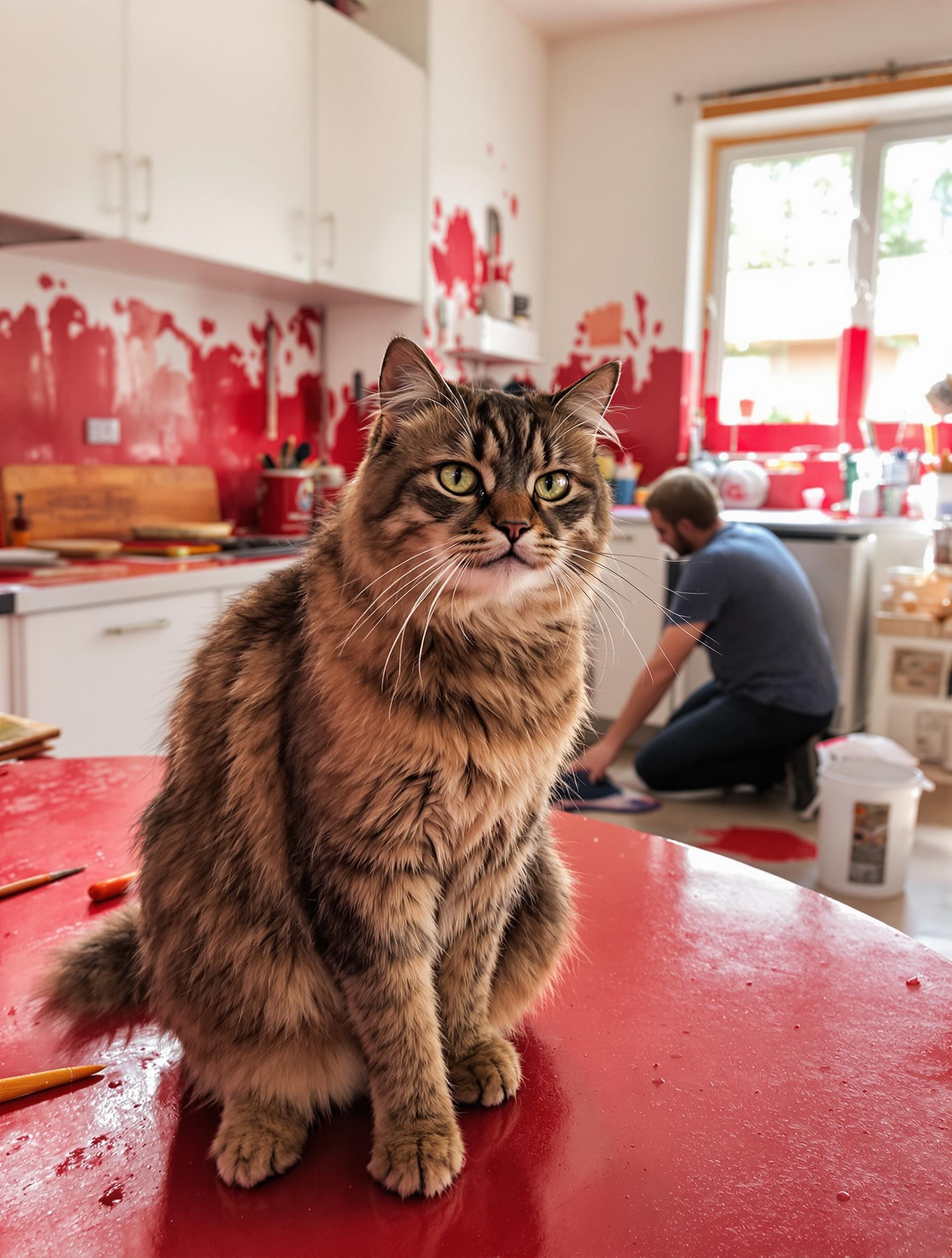 Chat boudeur sur plan de travail cuisine rouge garance