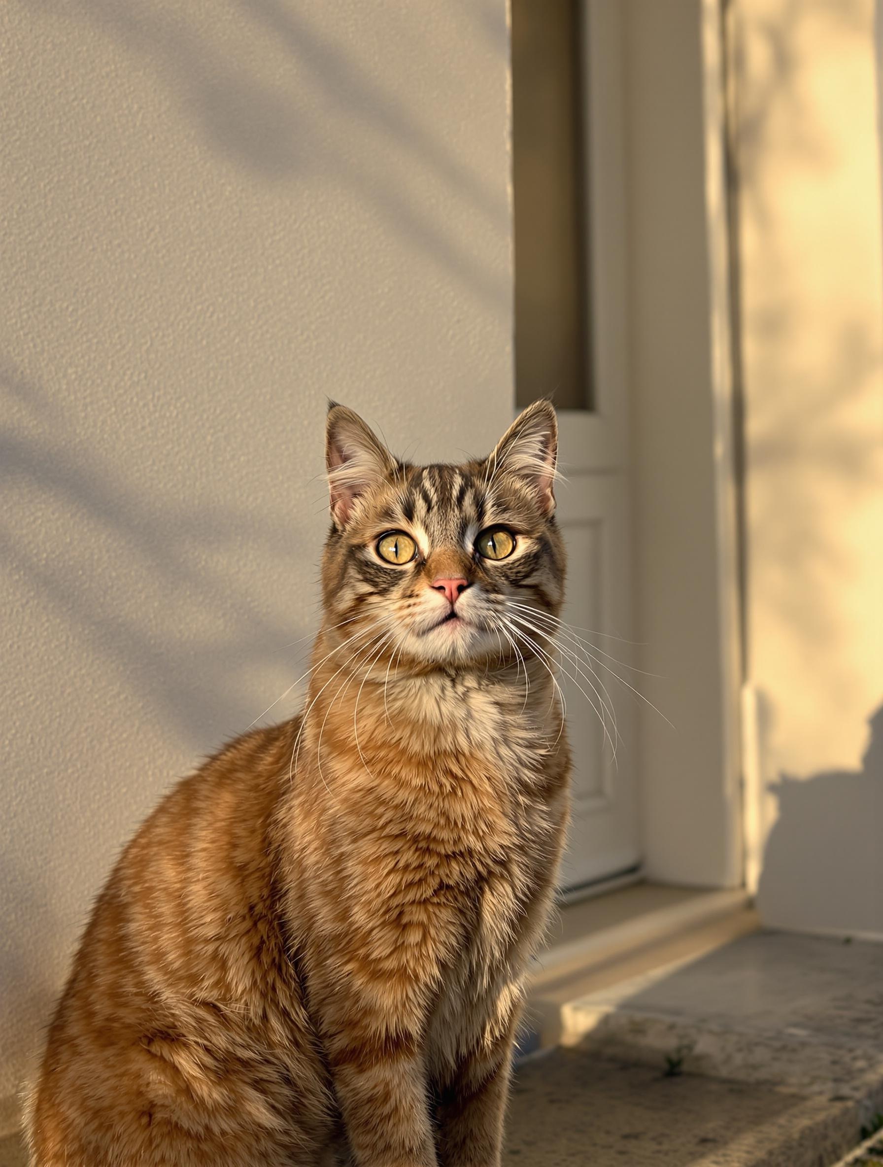 Un chat sans moustaches devant une façade fraîchement rénovée