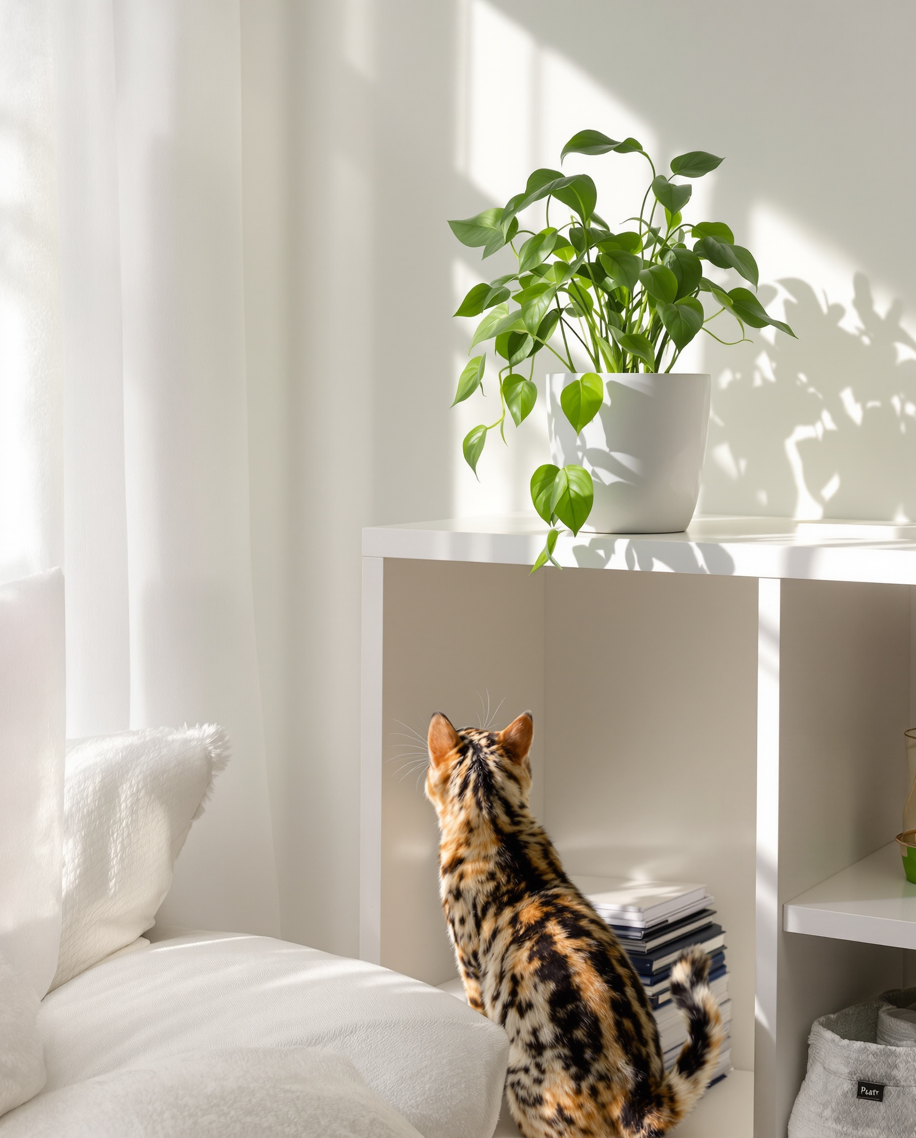 Chat curieux observe une plante placée en hauteur, hors de sa portée.