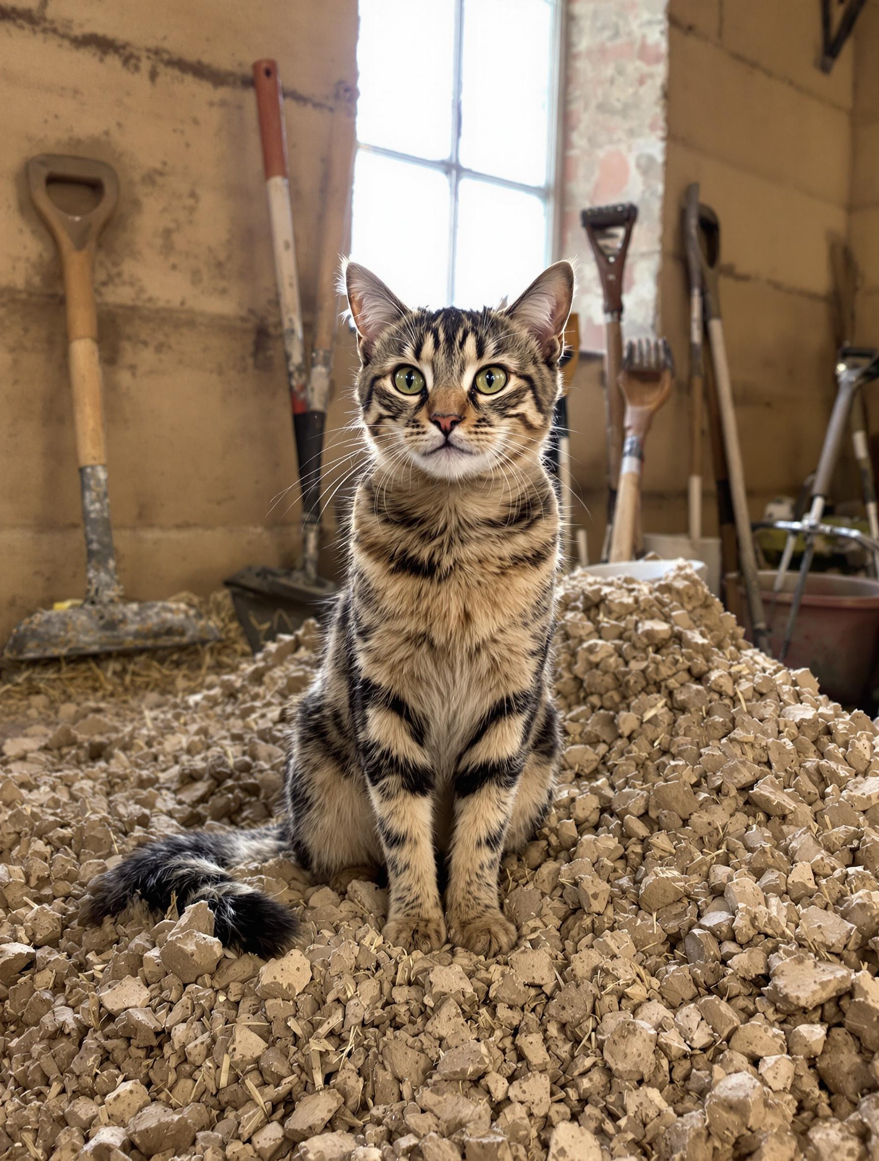 Chat tigré couvert de terre sur du torchis