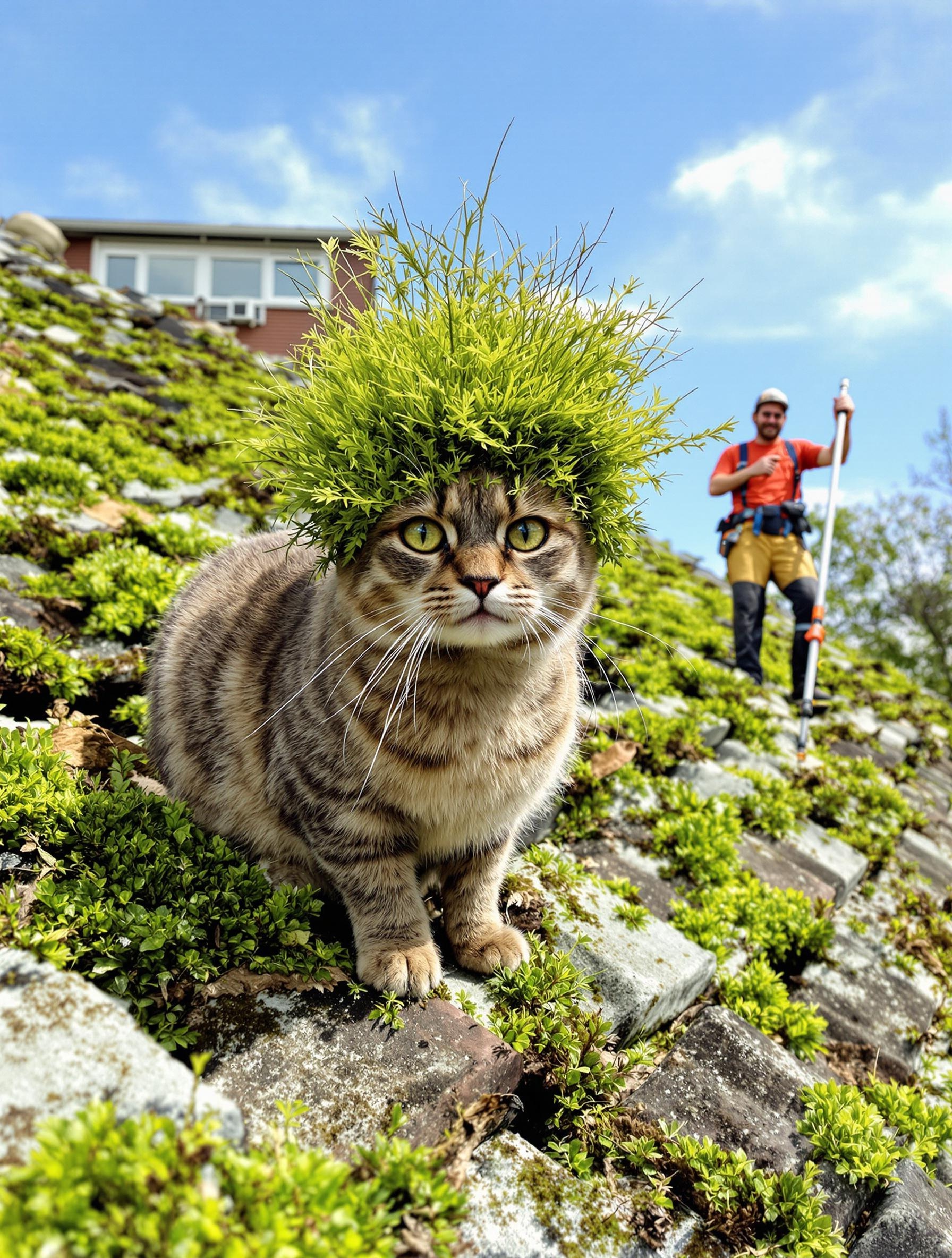 Chat perché sur un toit, coiffé d'une touffe de mousse, bricoleur maladroit et perche télescopique