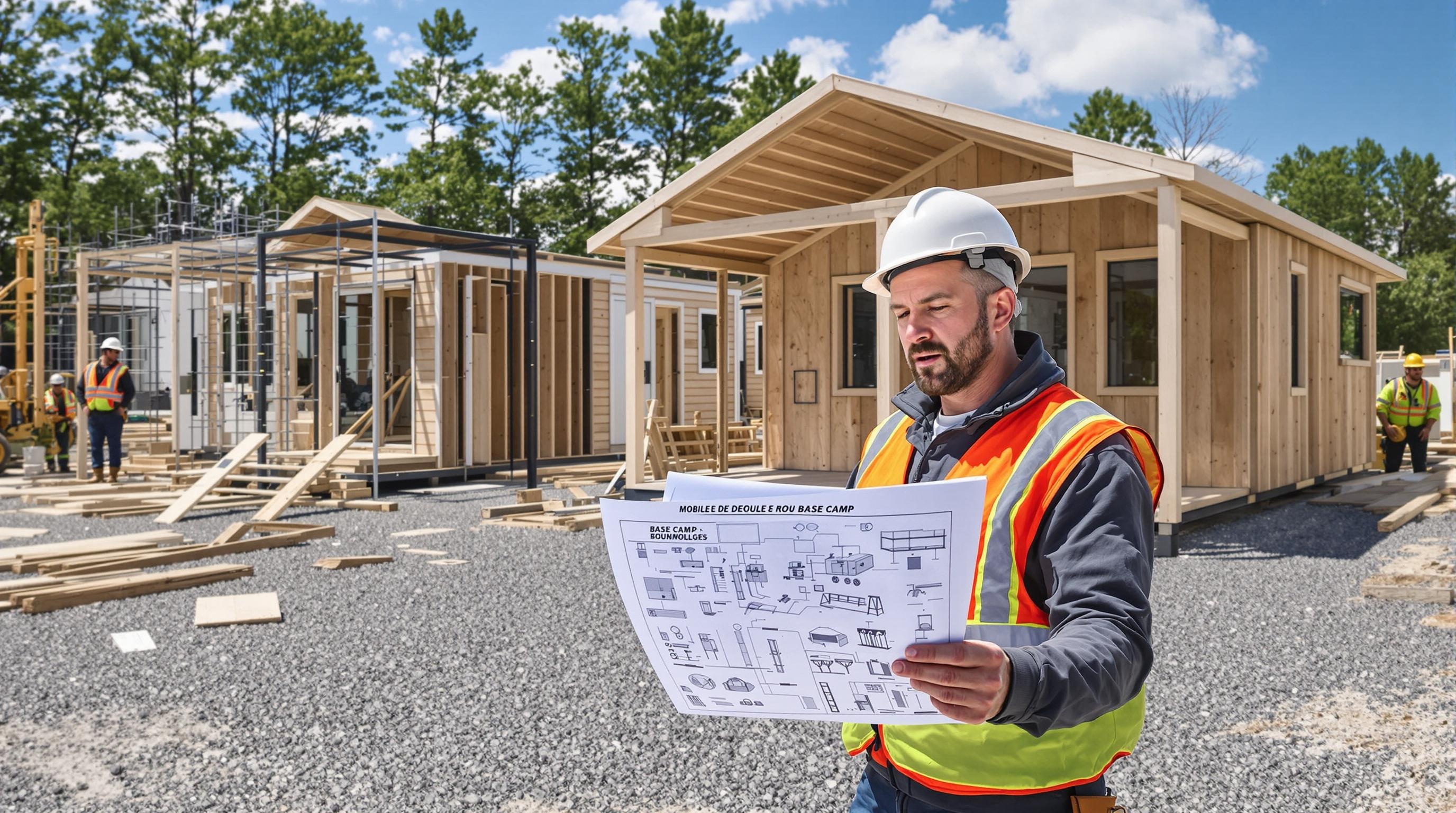 Chef de chantier consultant des plans devant des modules bases vie, ambiance chantier réelle, lumière naturelle, matériaux bruts ; mise en valeur de choix location ou achat, roulotte et bungalow visibles.