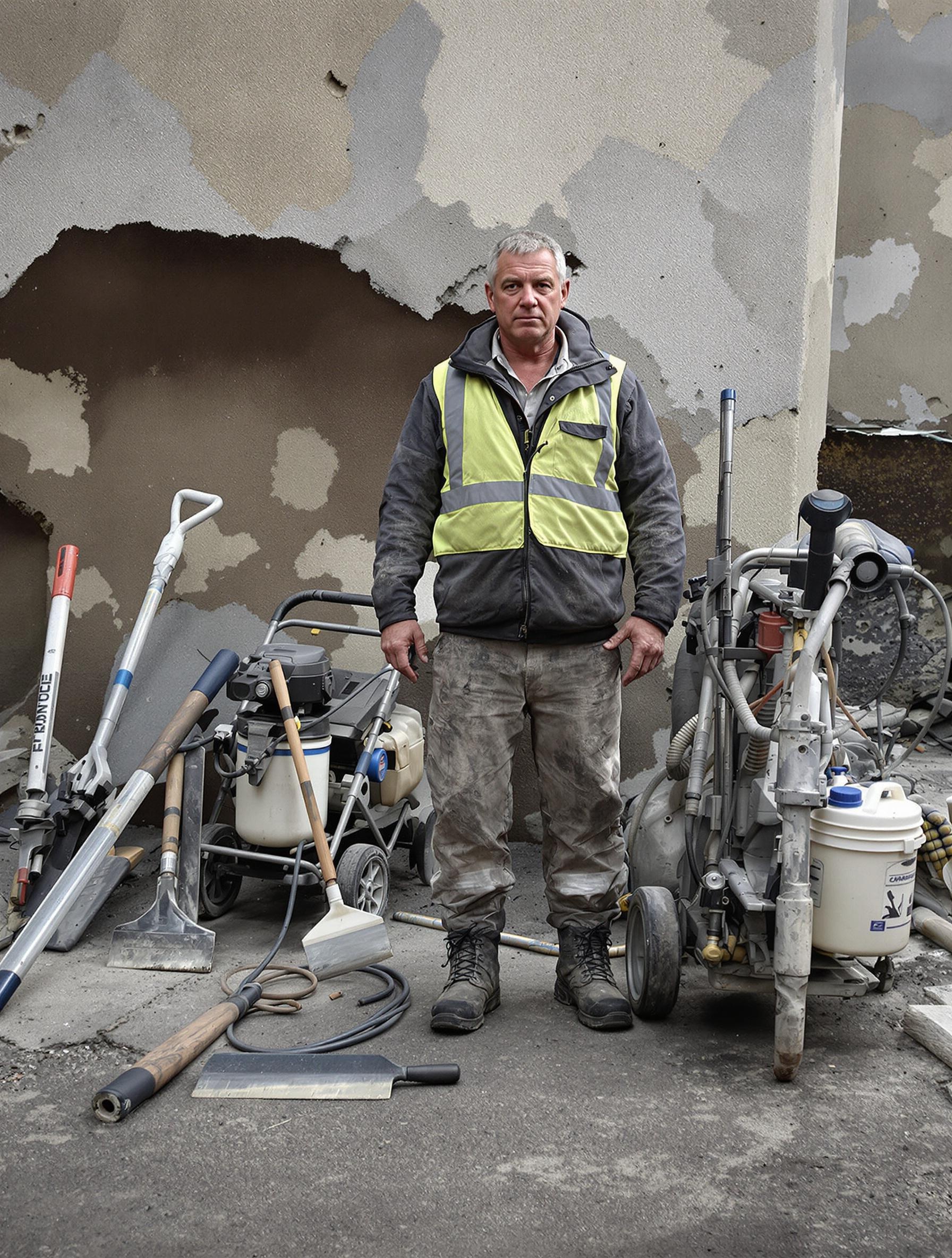 Chef de chantier devant matériel de sablage, hydrogommage, haute pression, rejointoiement et décapant chimique pour façade