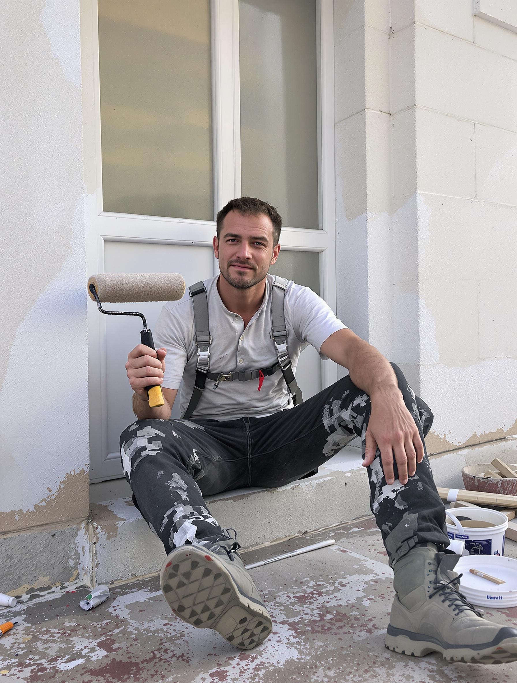 Chef de chantier devant une façade rénovée, rouleau à la main