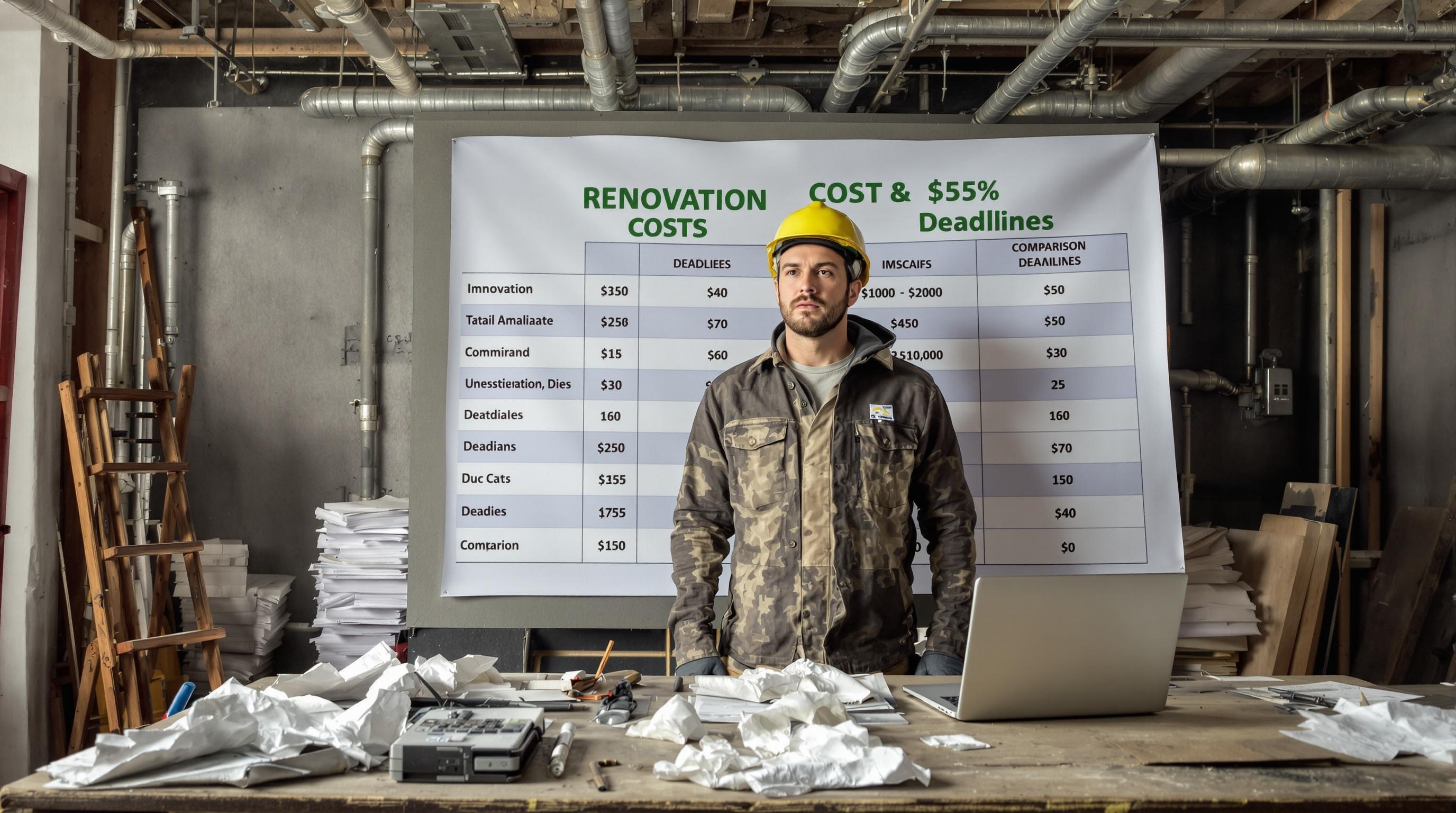 Chef de chantier devant un tableau comparatif des coûts et délais de ravalement
