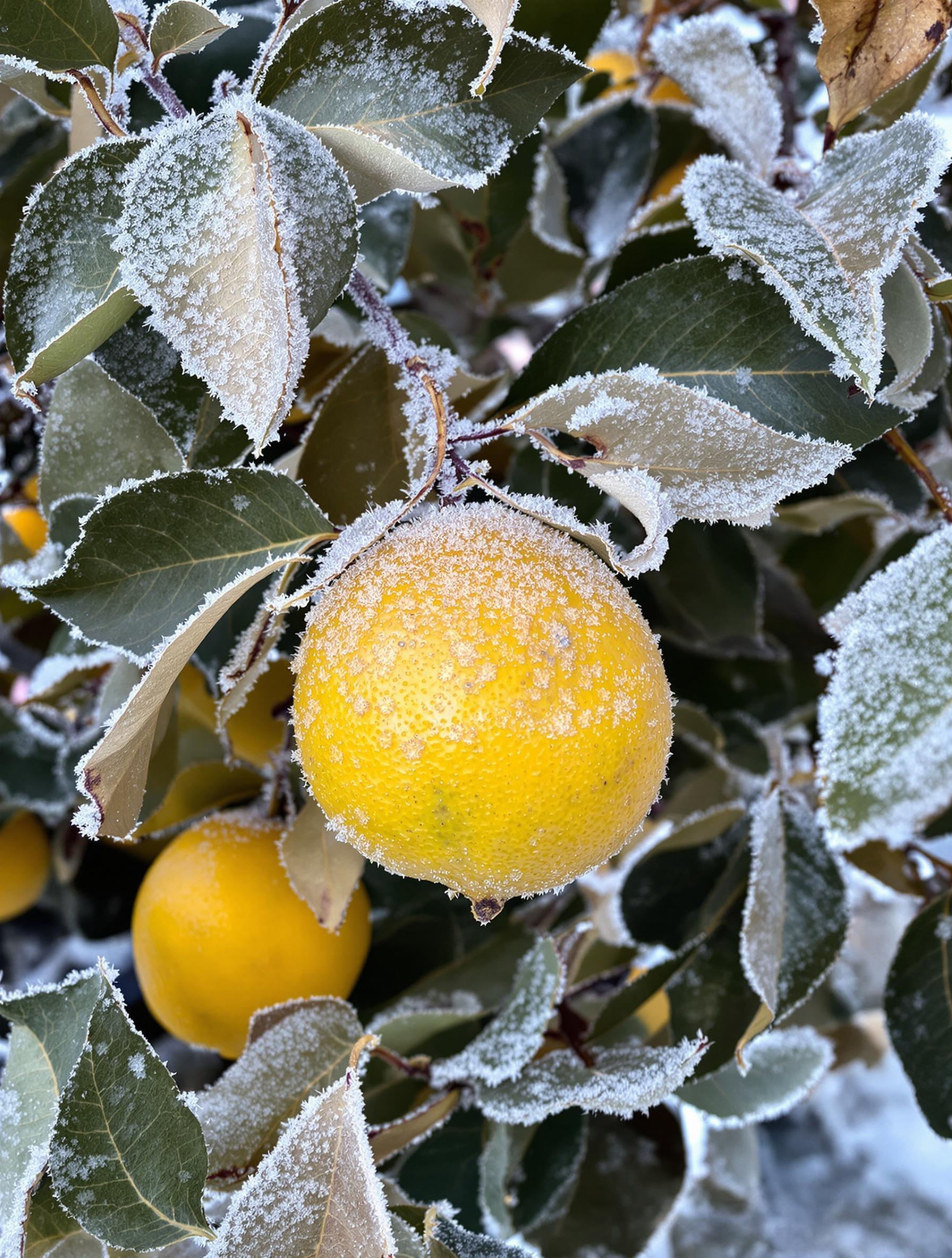 Gros plan sur un citronnier gelé montrant des feuilles pendantes et des fruits flétris.