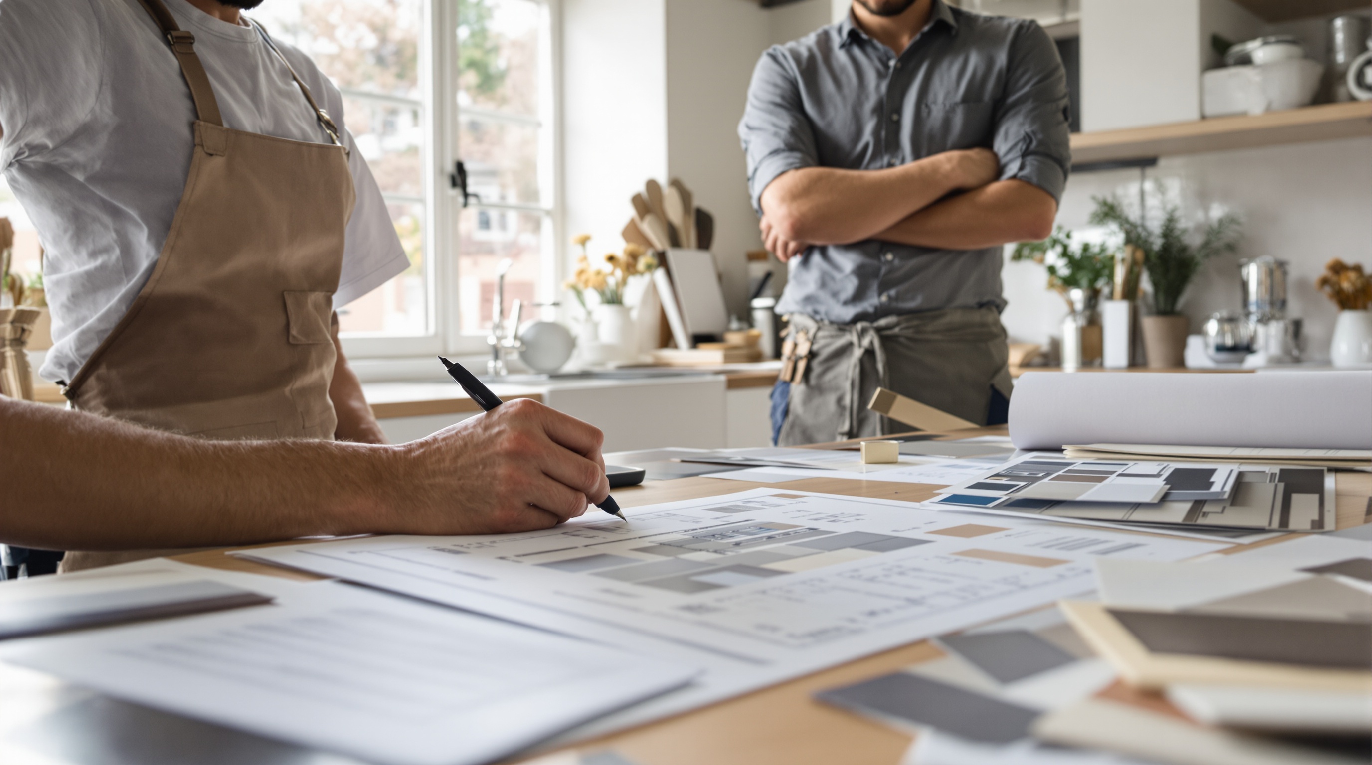 Client relisant un contrat de cuisiniste détaillé, artisan tendu en arrière-plan, échantillons et plans sur la table.