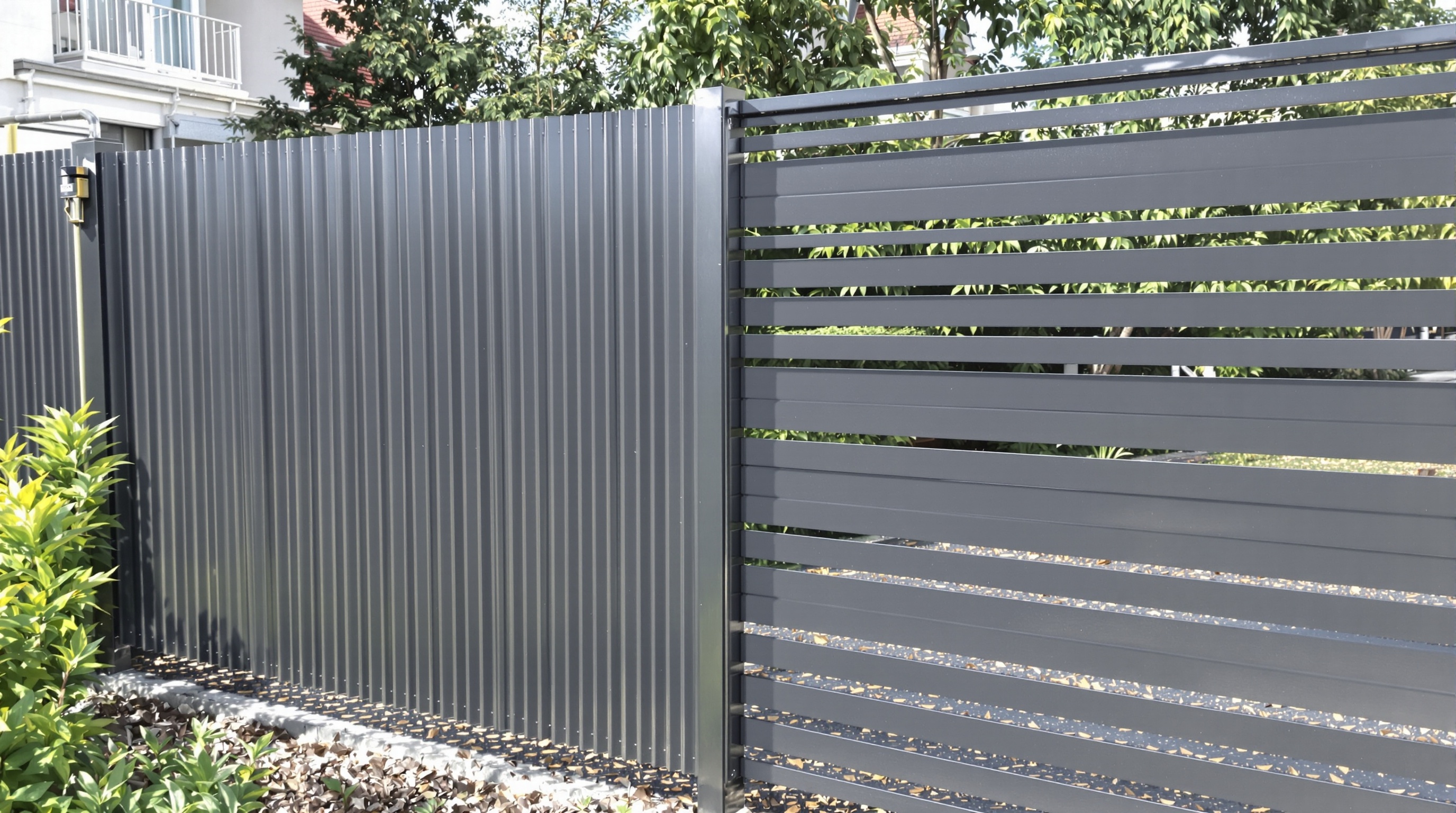 Clôture rigide gris anthracite avec occultation PVC partielle