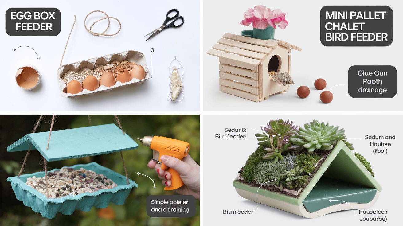 Trois modèles de mangeoires DIY : boîte à œufs, chalet en palette et toit végétalisé.
