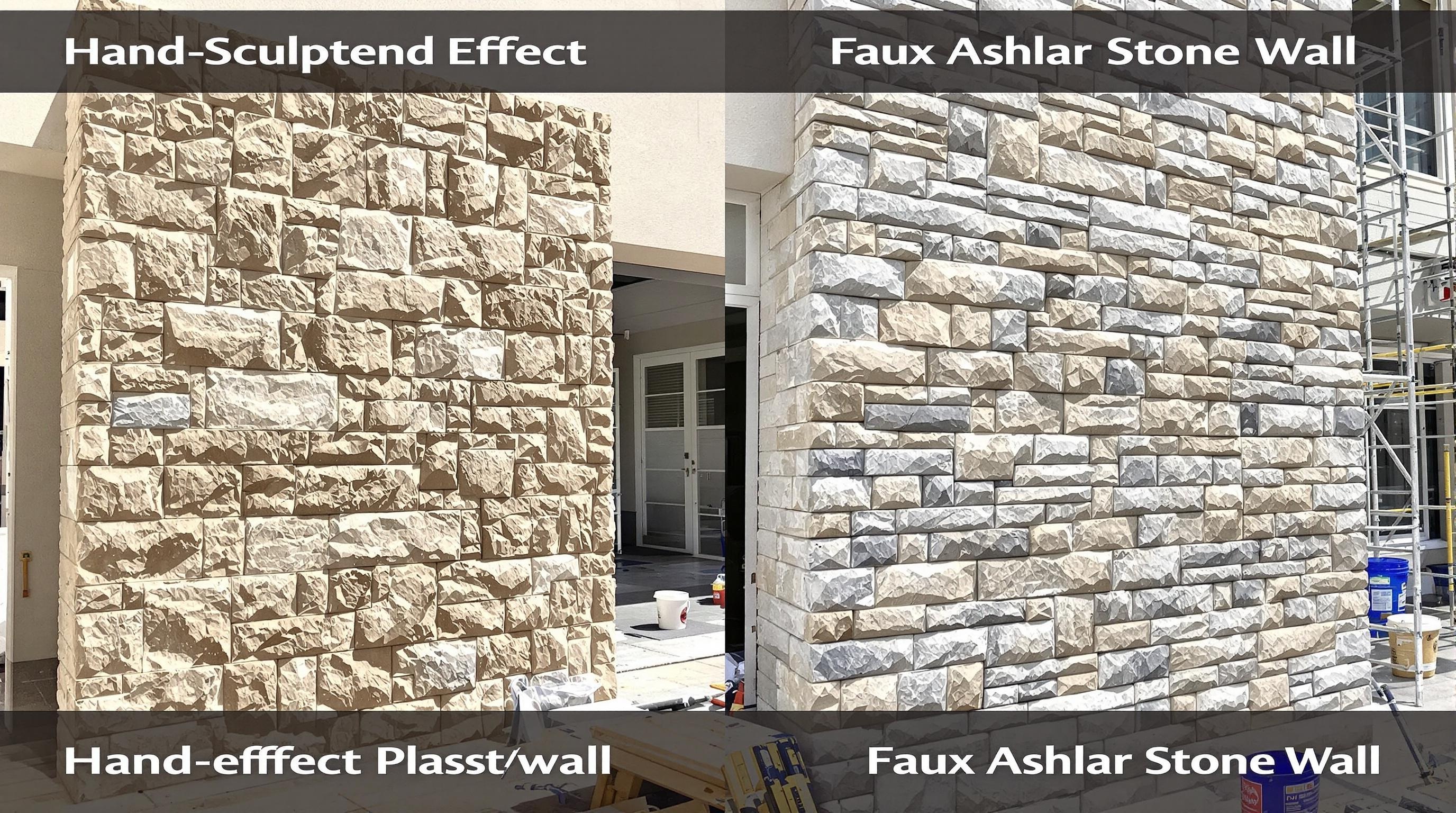 Comparatif rendu enduit sculpté et fausse pierre de taille sur façade