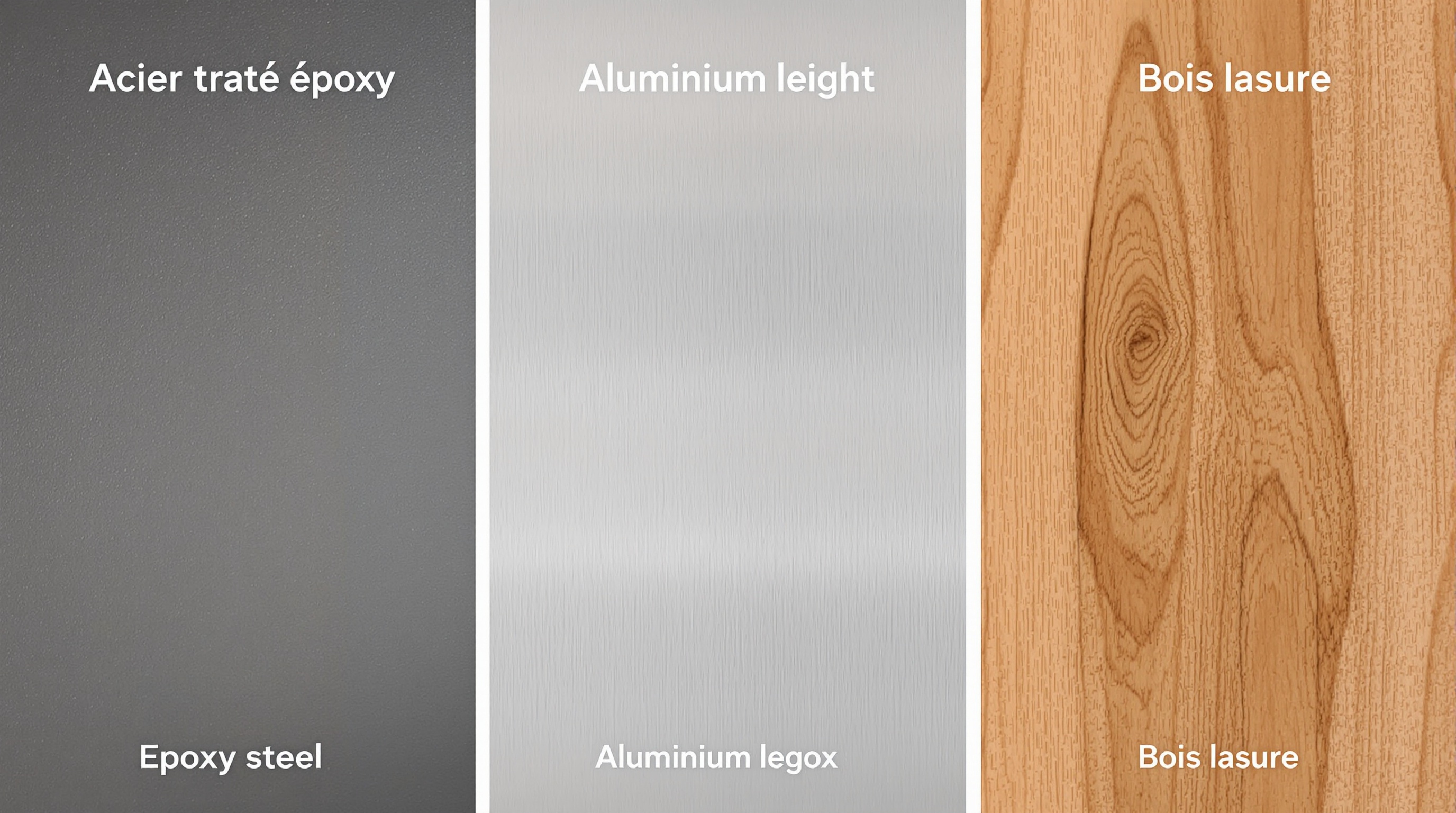 Comparaison visuelle acier époxy, alu et bois lasuré pour tonnelle