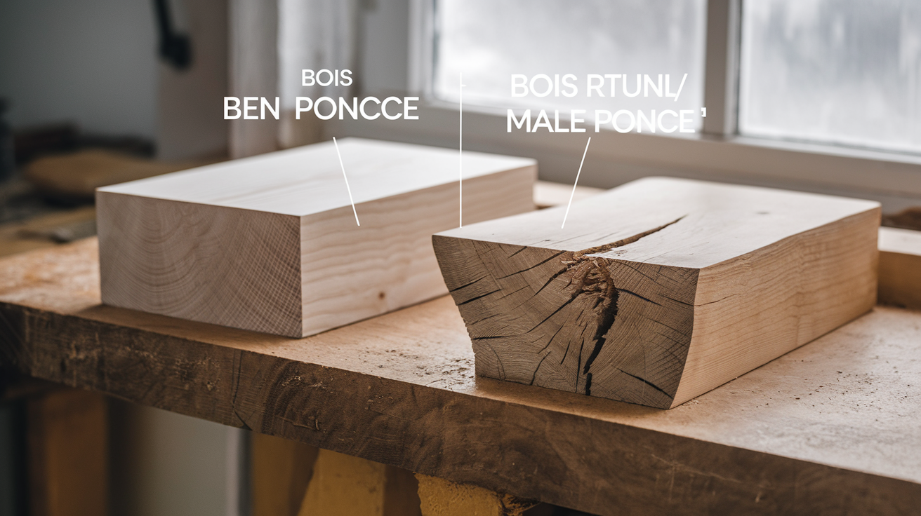 Comparatif entre un morceau de bois bien poncé et un autre brut ou mal poncé