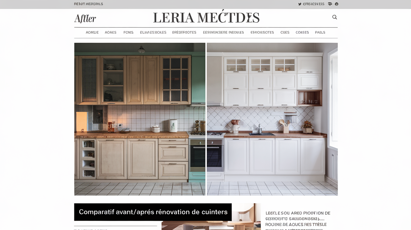 Transformation avant/après d'une cuisine avec meubles et plan de travail modernisés.