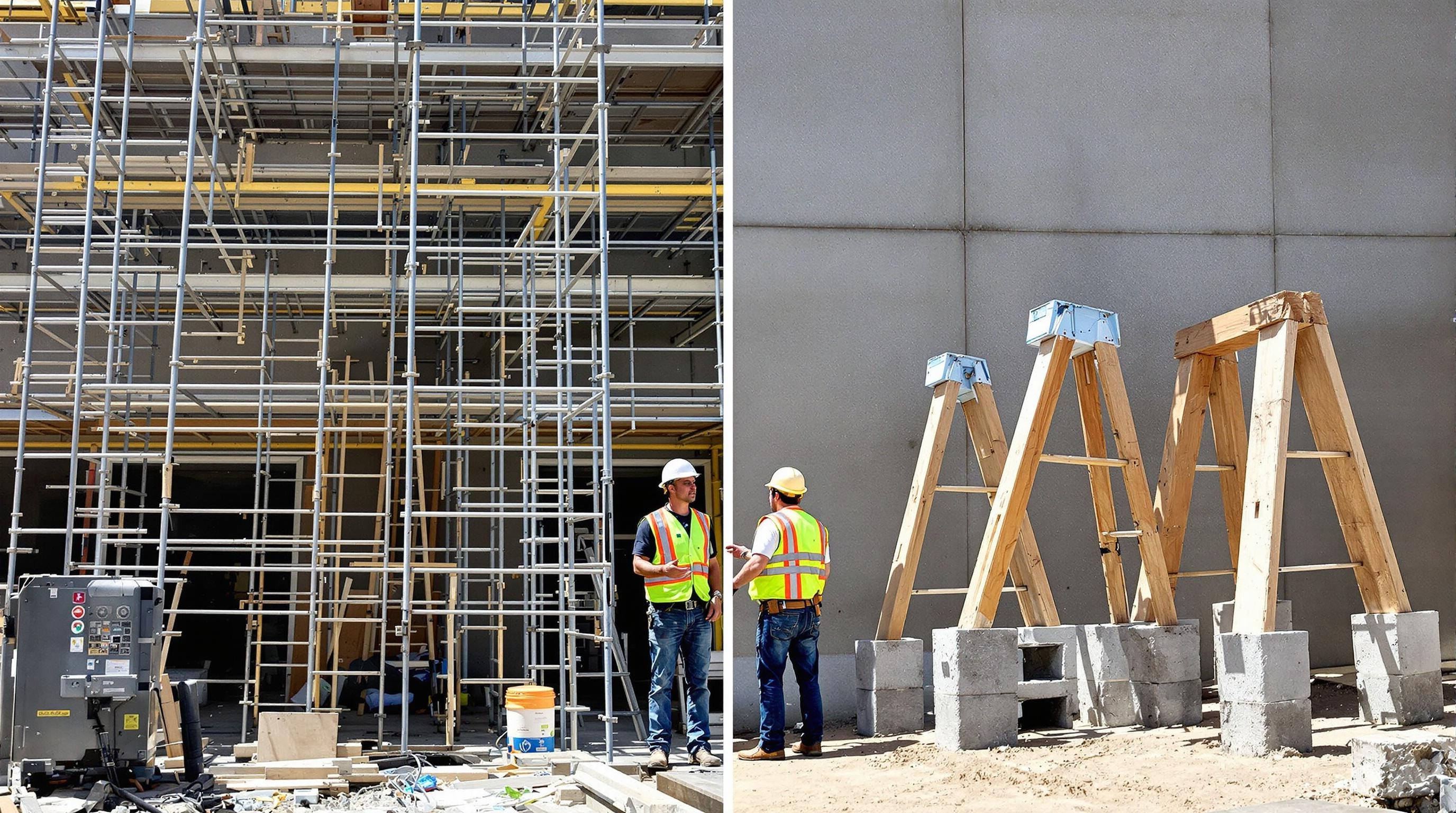 Comparaison entre un échafaudage sécurisé et un bricolage dangereux sur un chantier