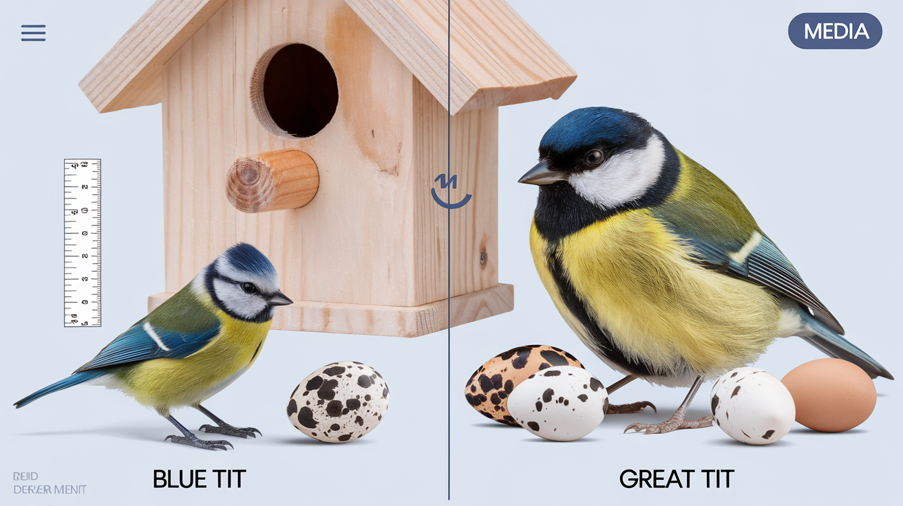 Comparatif mésange bleue vs charbonnière sur planche chantier, œufs et nichoir en fond