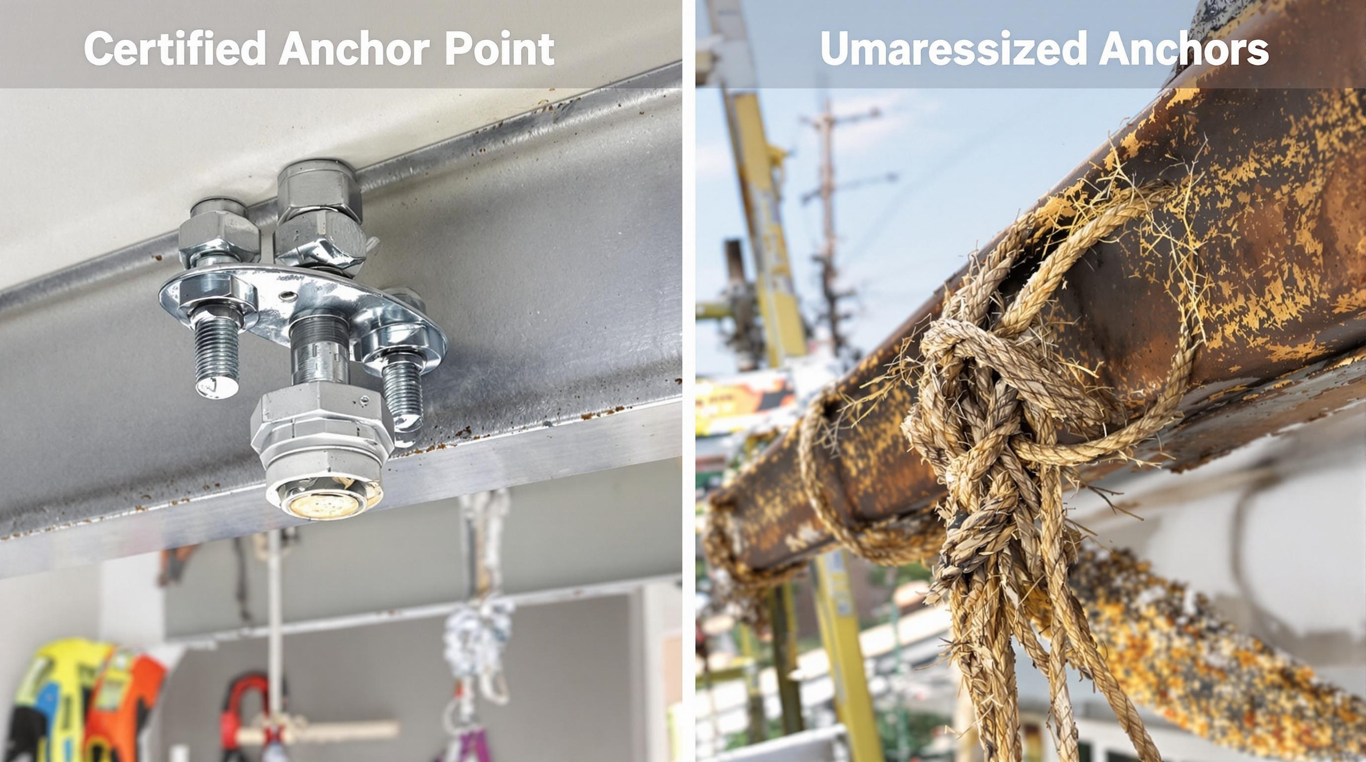 Comparatif entre un point d'ancrage fiable et un bricolage dangereux avec une corde attachée à une gouttière rouillée