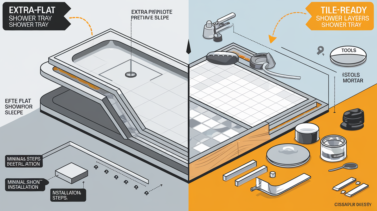 Comparaison entre un receveur extra-plat avec pente intégrée et un receveur à carreler nécessitant une pente manuelle.
