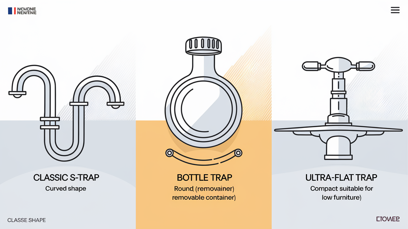 Comparatif visuel des trois types de siphons pour évier de cuisine.